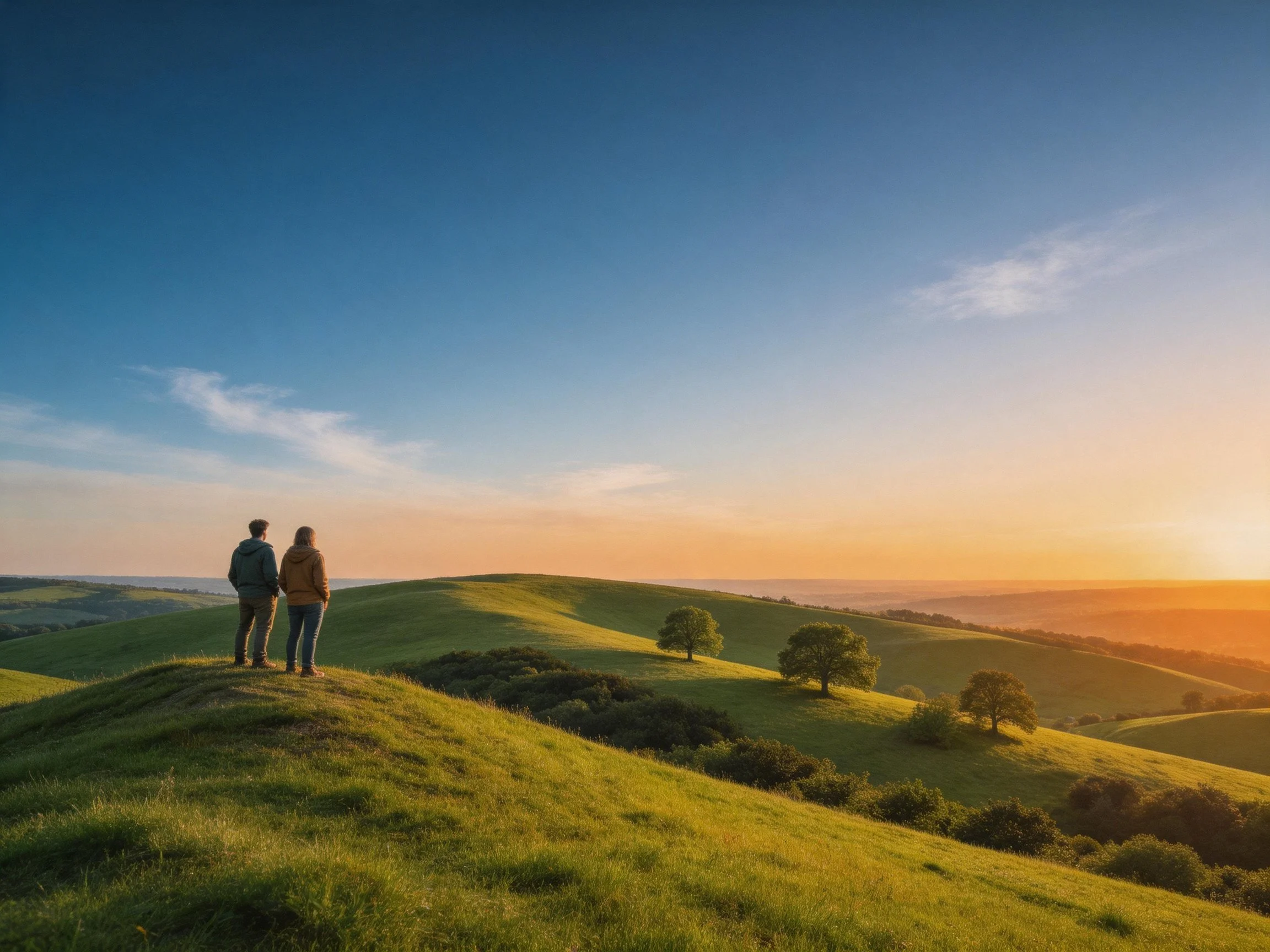 Two people stand atop rolling green hills during golden hour