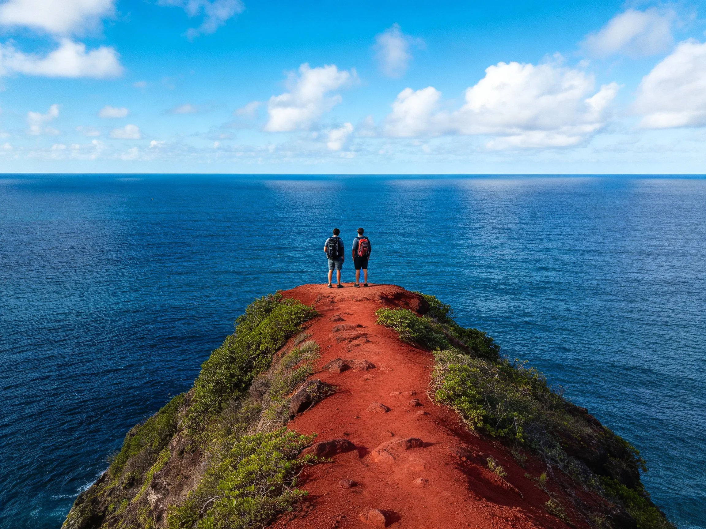 Two people stand on a red cliff overlooking vast blue ocean