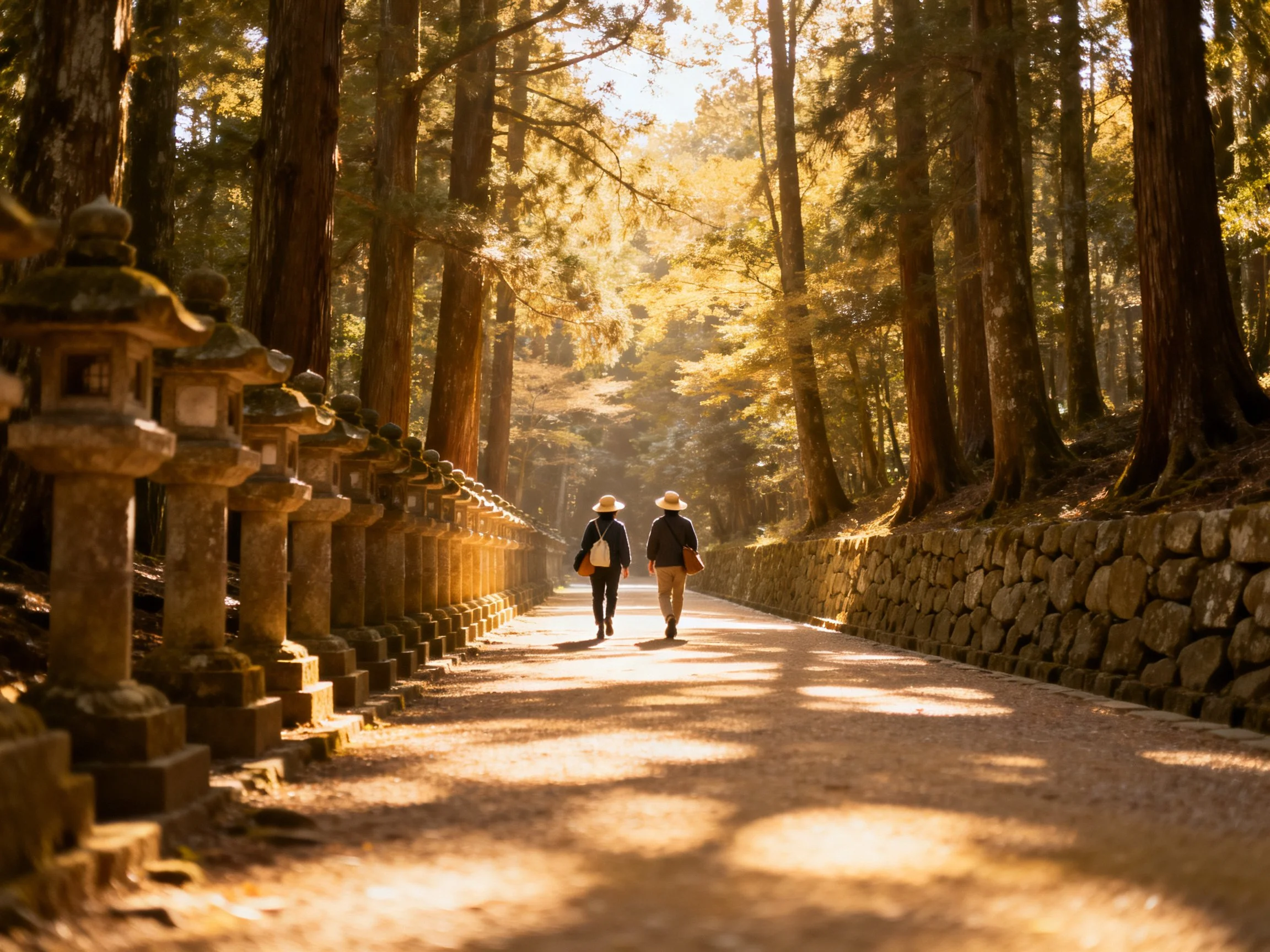 Two people walk along a path lined with stone lanterns among towering trees.