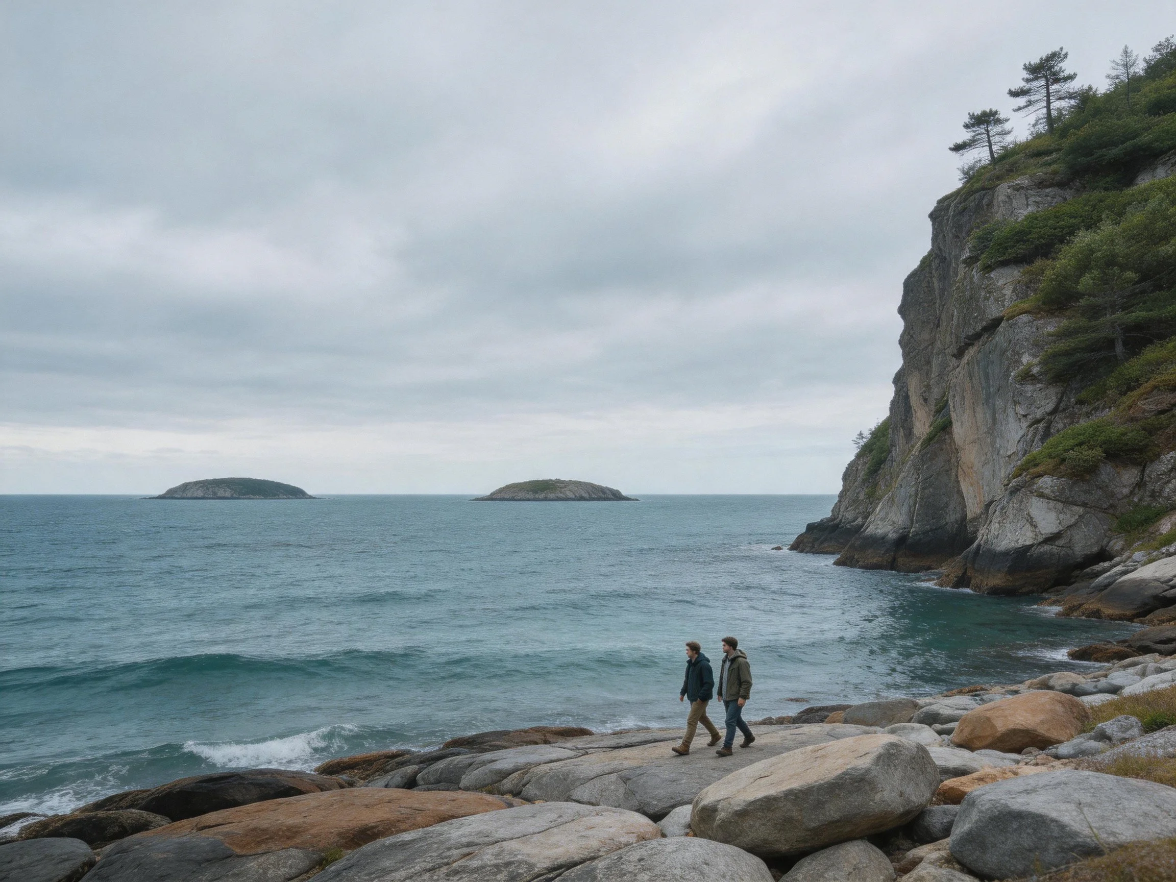 Two people walk along rocky coastline beside towering cliffs