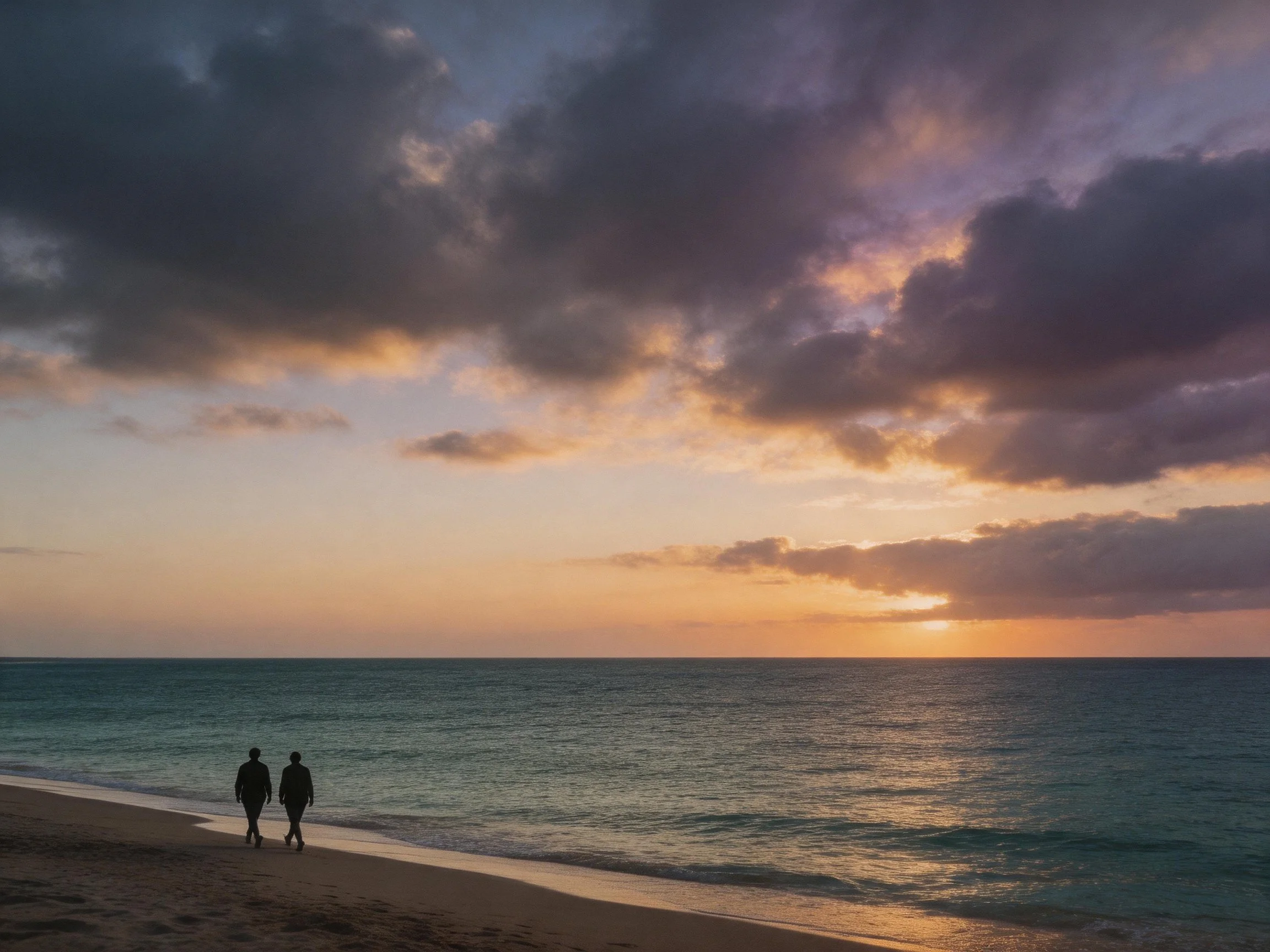 Two people walk on a beach during a colorful sunset over calm waters