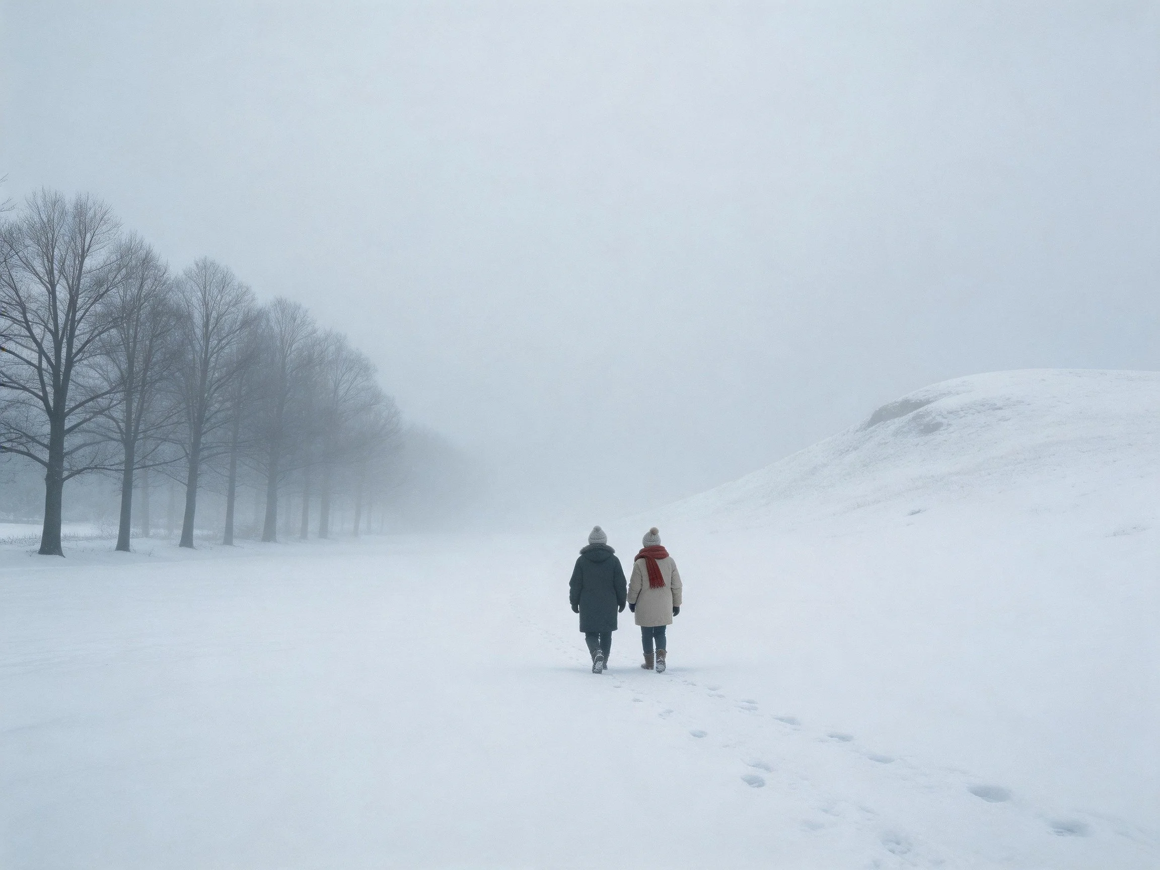 Two people walk through a foggy, snow-covered landscape with bare trees