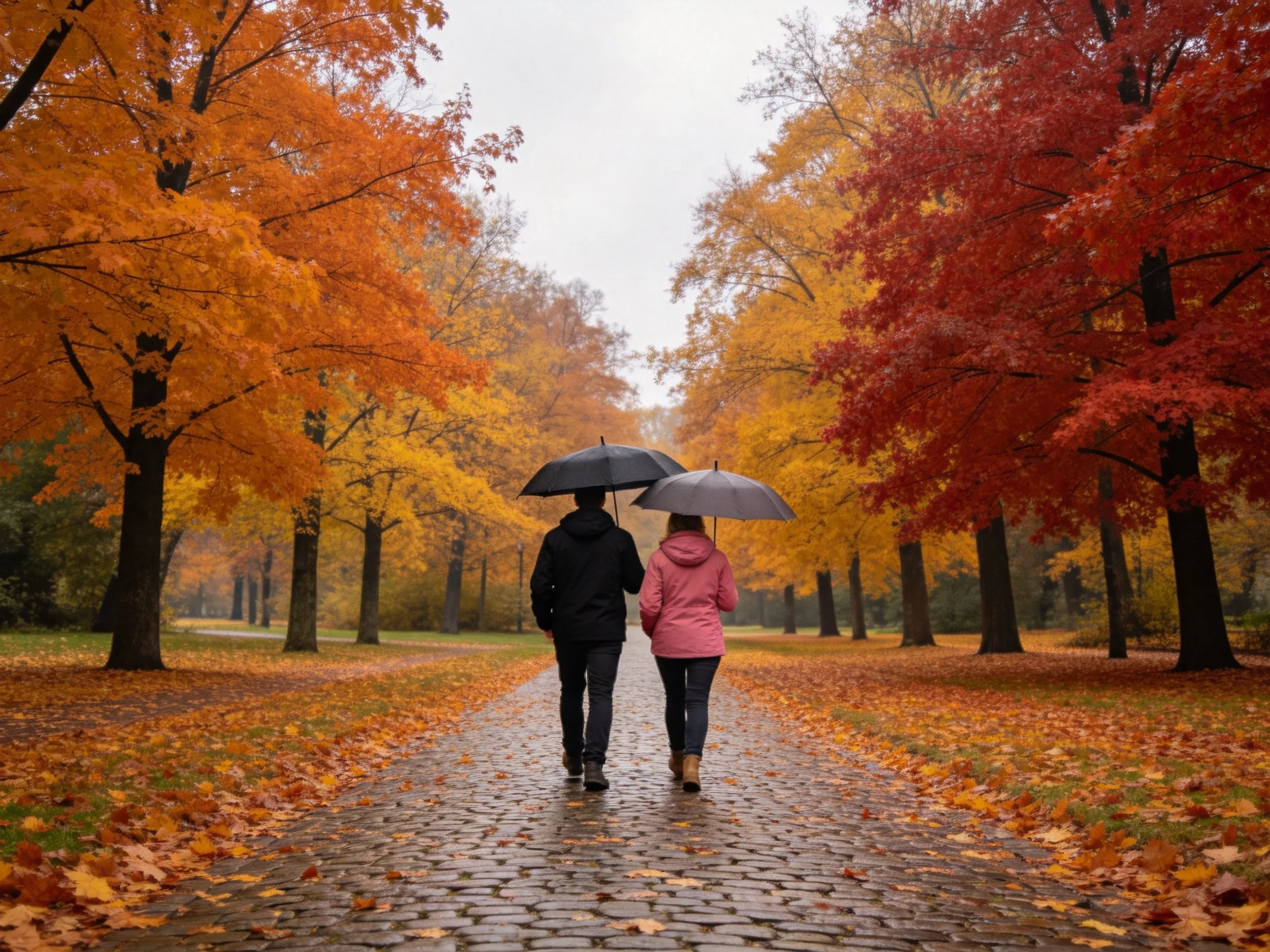 Two people walk under umbrellas beside vibrant fall trees on a leaf-strewn path
