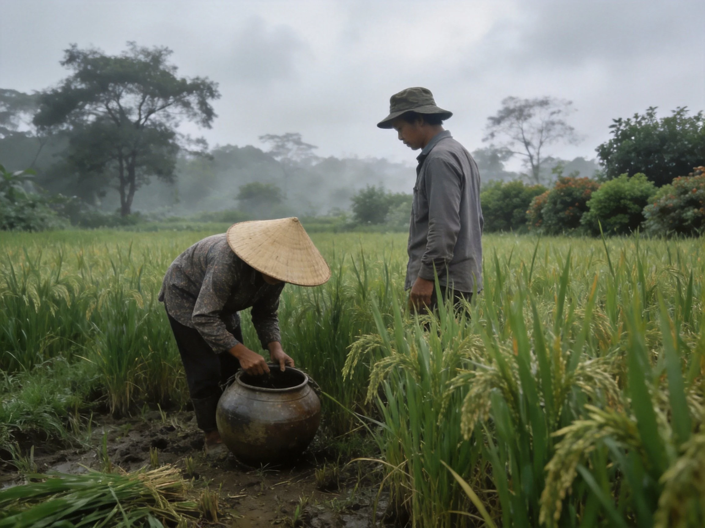 Two people working in misty rice fields with a large pot