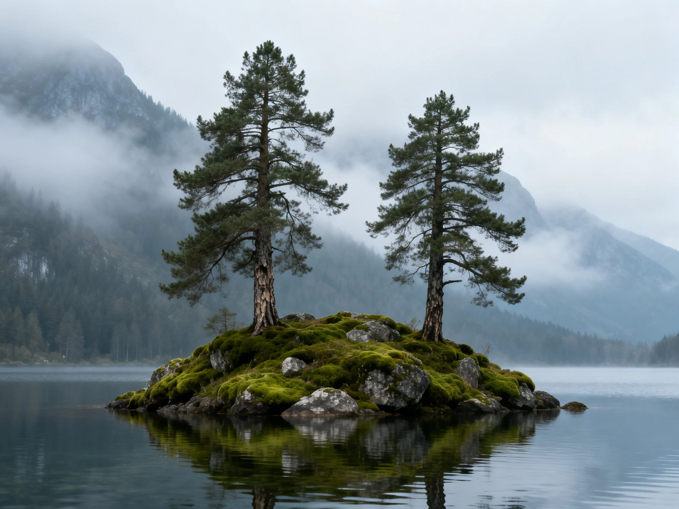 Two pine trees stand on a moss-covered rocky island amid misty mountains.