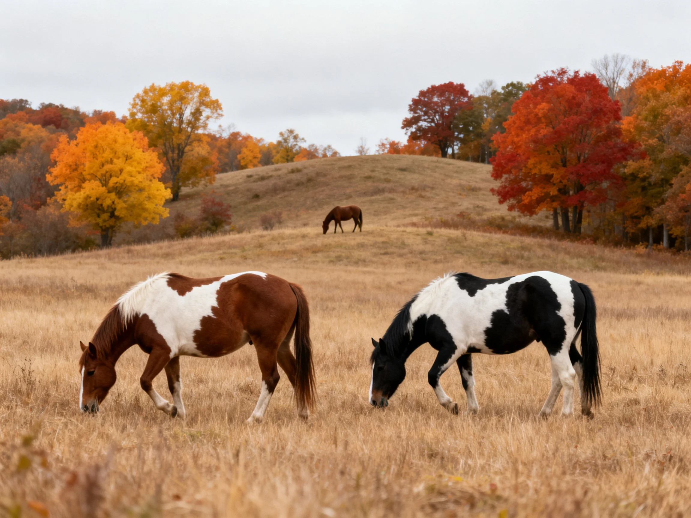 Two pinto horses and a brown horse graze near autumn-colored trees.