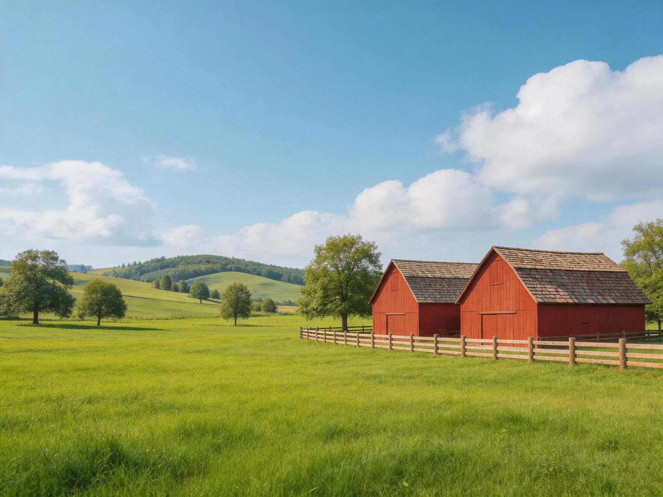 Two red barns beside a wooden fence in a vast green meadow