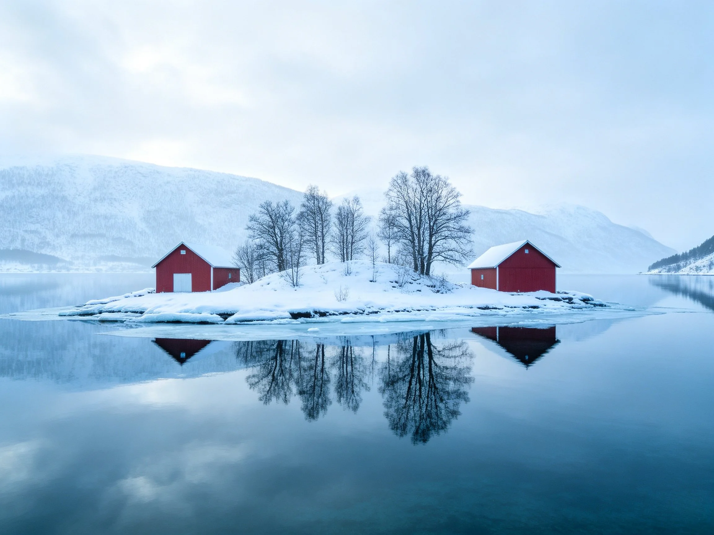 Two red cabins on a snow - covered island with calm water reflections
