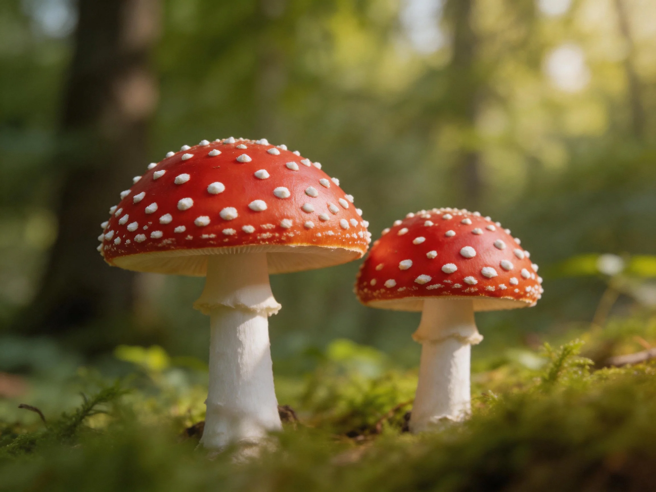 Two red-capped mushrooms with white spots on mossy forest floor