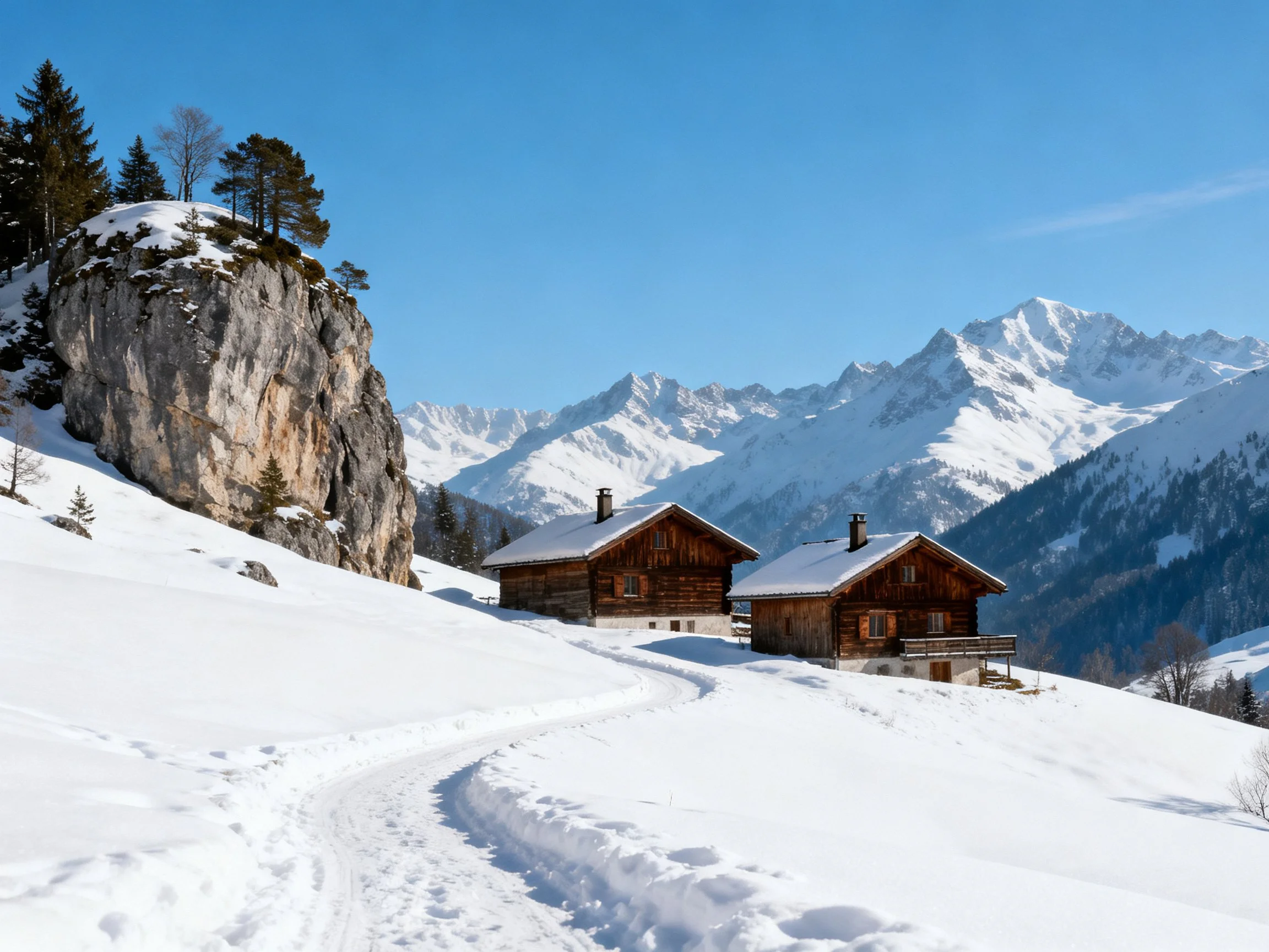 Two rustic cabins near rocky outcrop in snowy mountain landscape