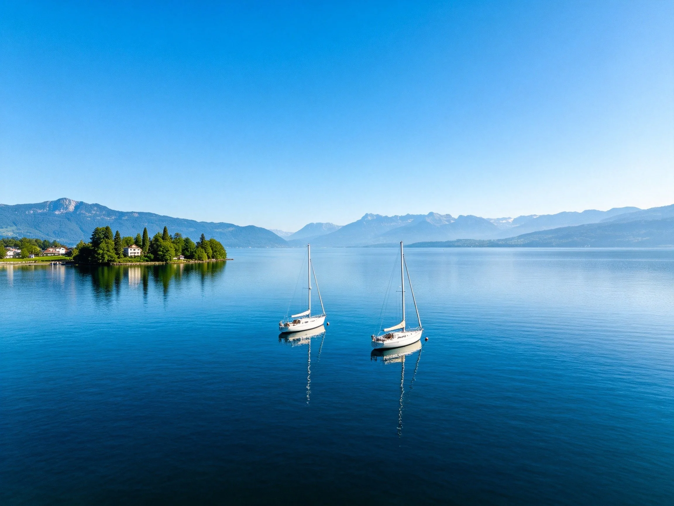 Two sailboats float on calm blue lake near green island