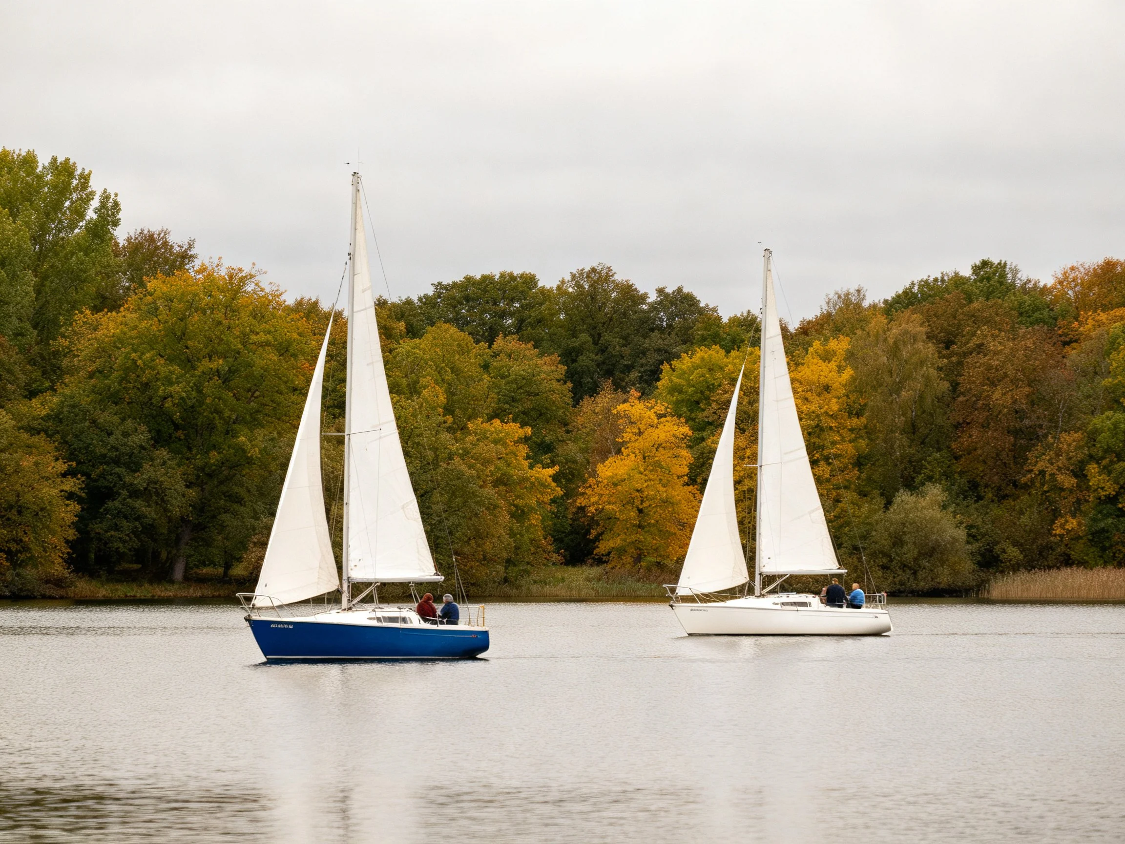 Two sailboats glide across calm waters near autumn-colored trees
