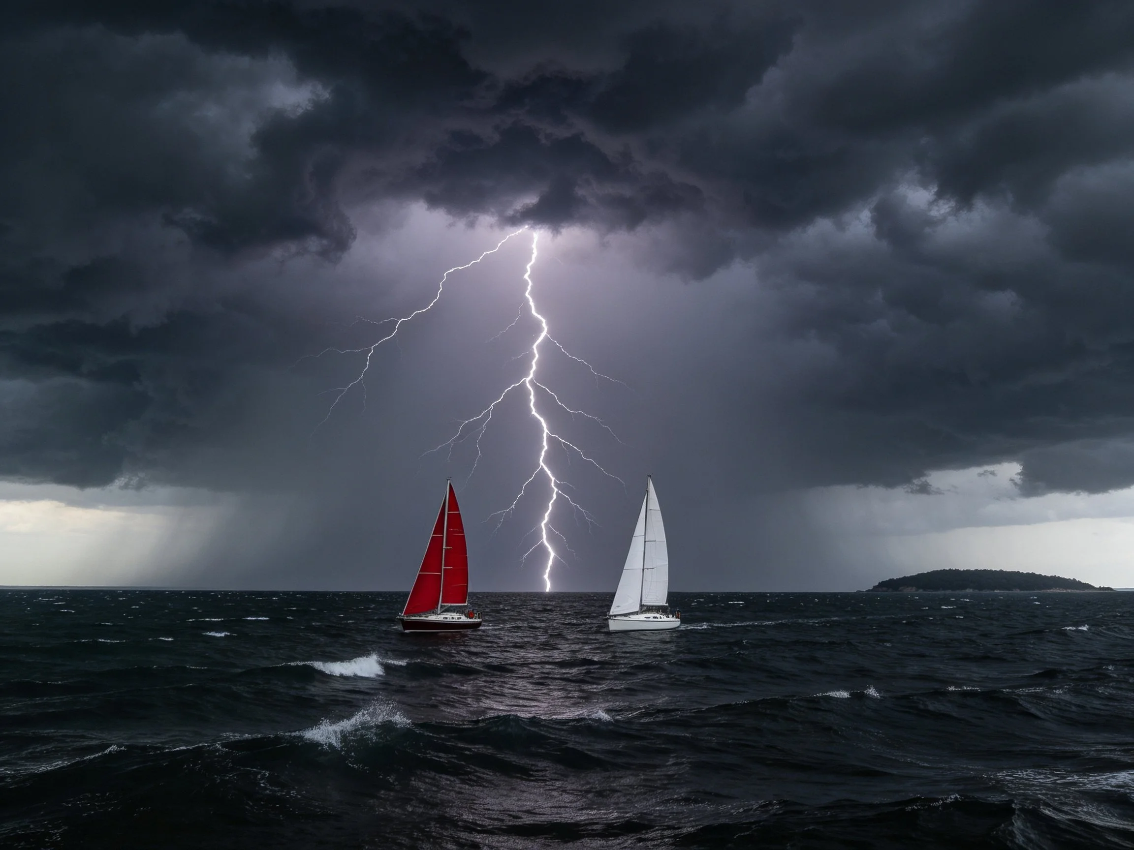 Two sailboats navigate stormy seas amid dark clouds and lightning