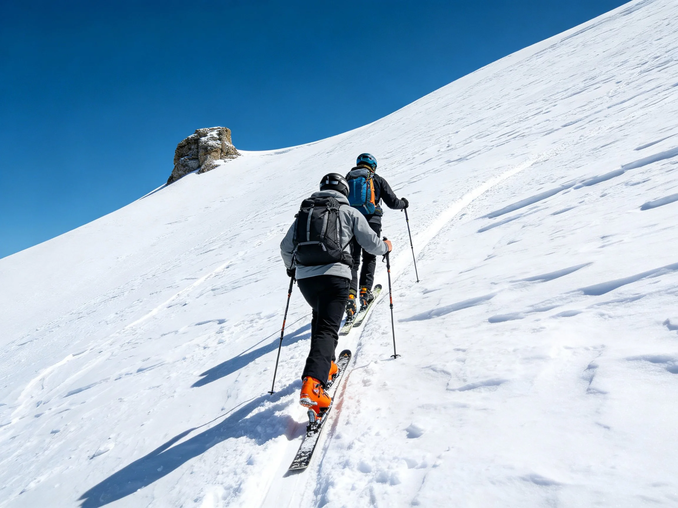 Two skiers climb steep snowy mountain slope with ski poles