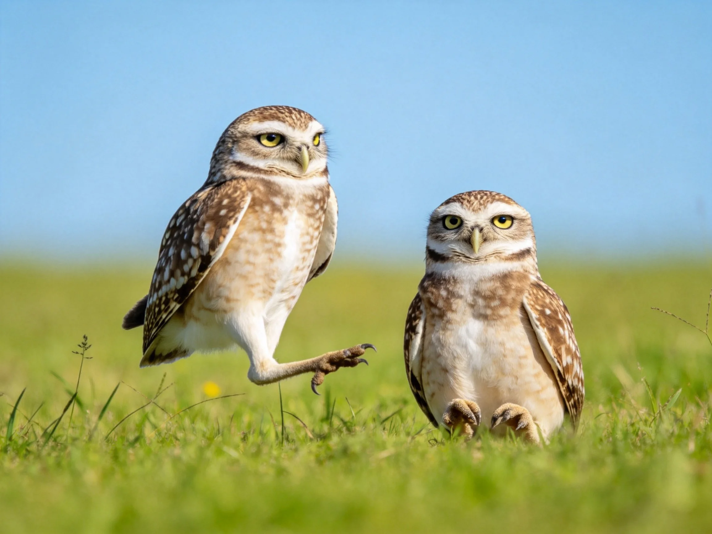 Two small owls with brown and white feathers on a sunny grassy field