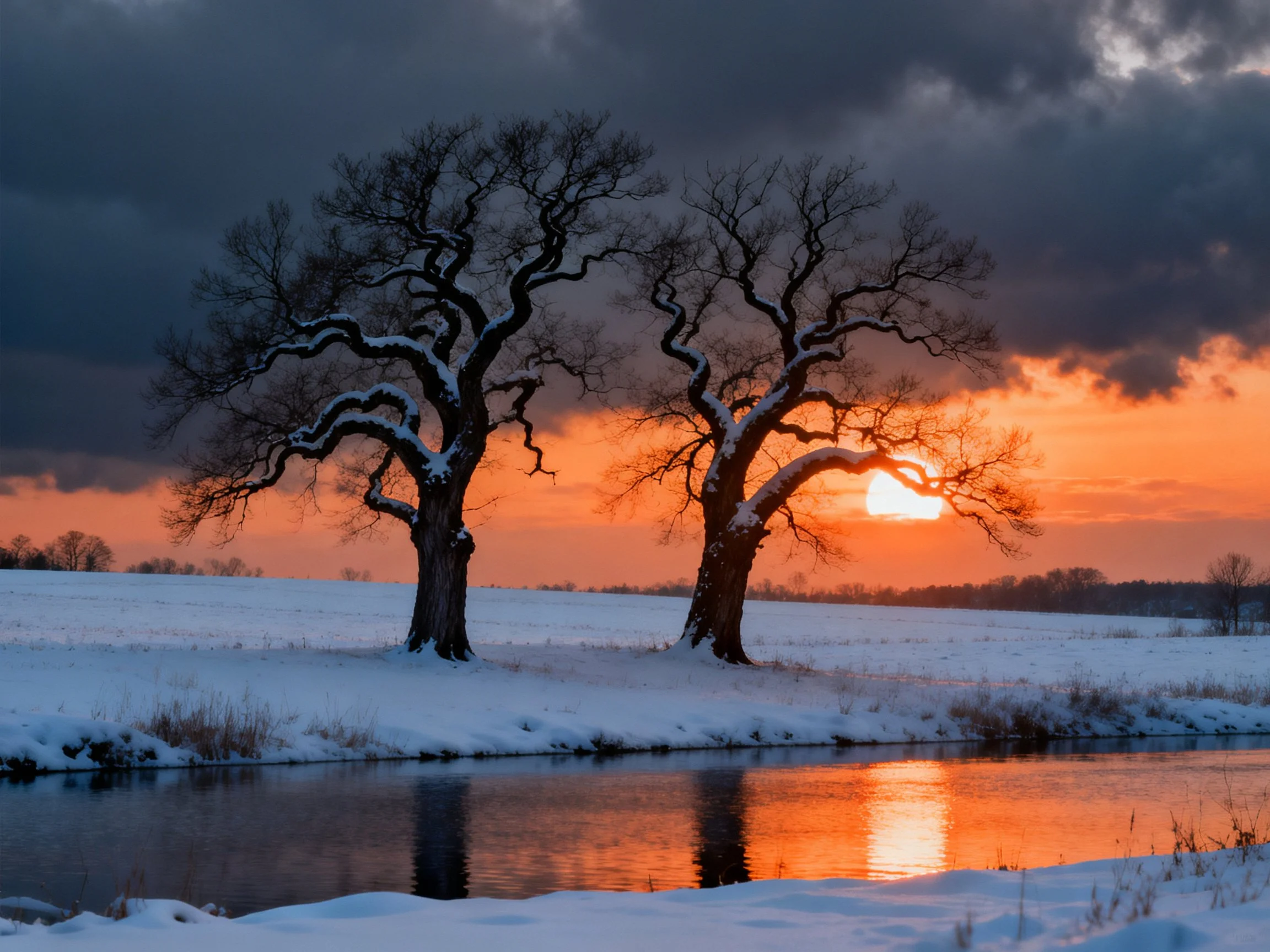 Two snow-draped trees beside a frozen stream at sunset
