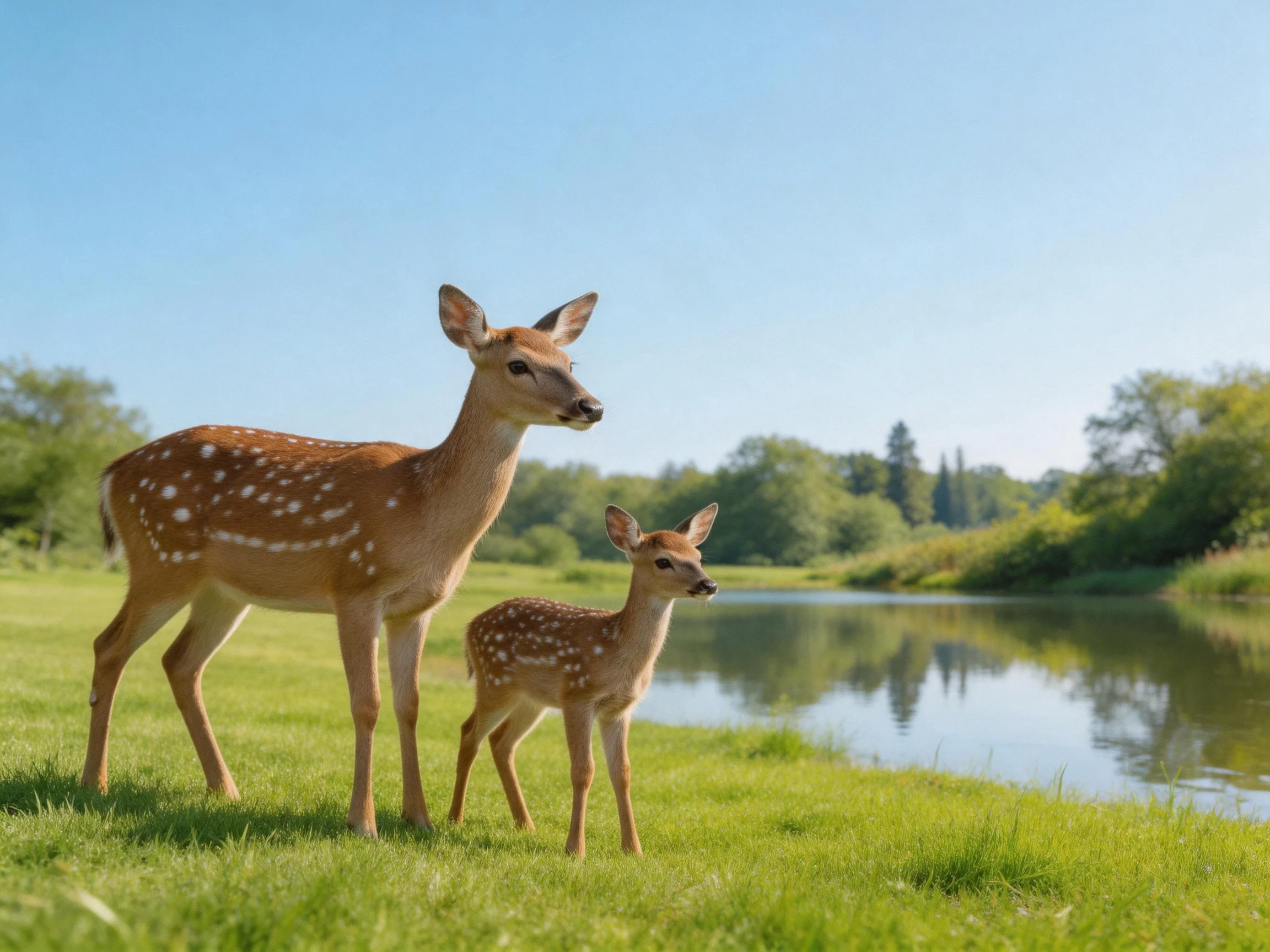 Two spotted deer stand by a calm riveron sunny grass