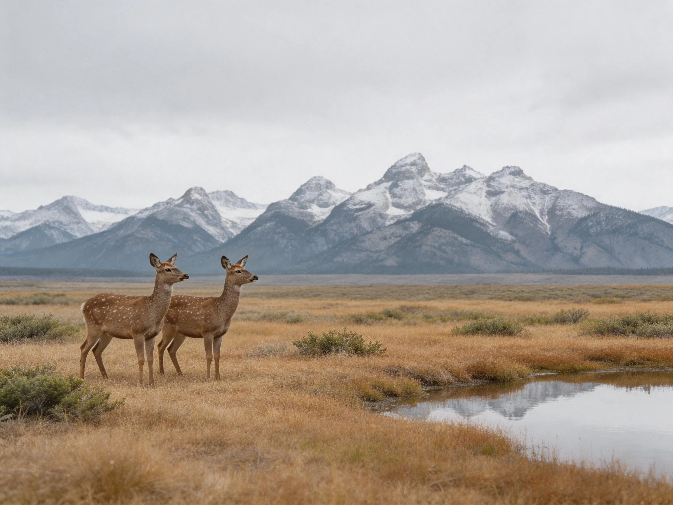 Two spotted deer stand near a calm pond with snow-capped mountains behind