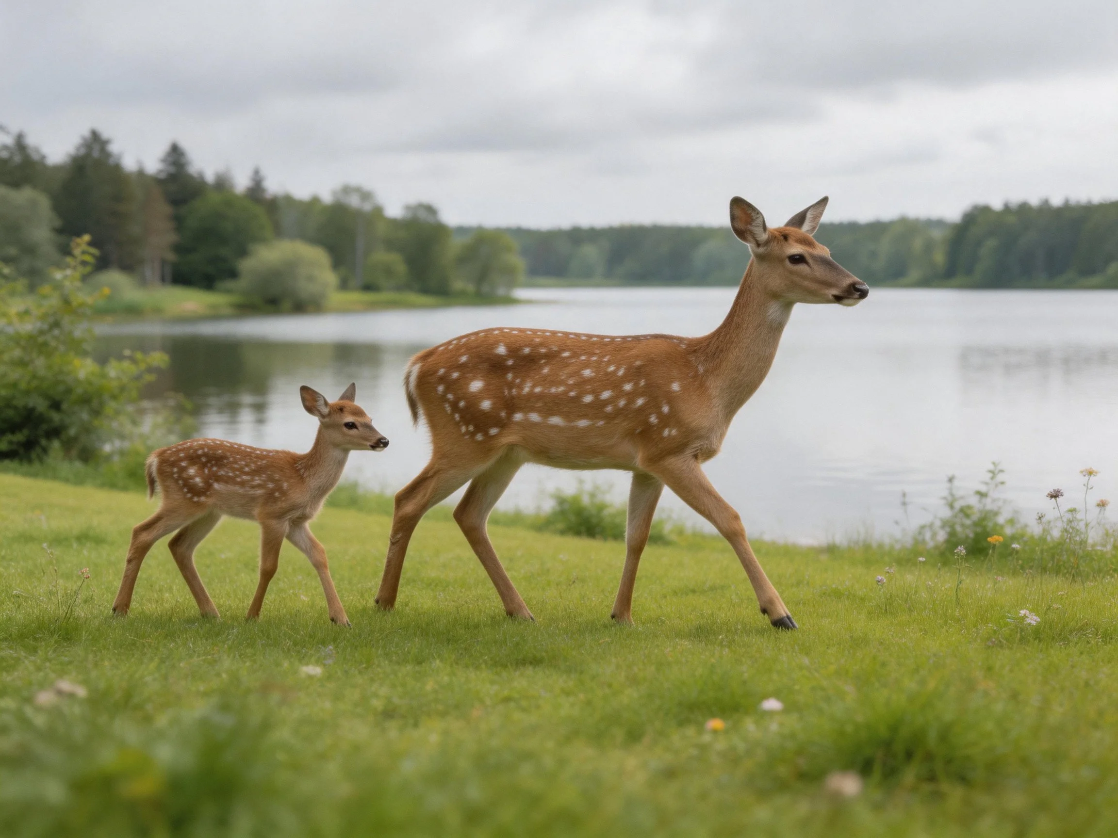 Two spotted deer walk along a grassy lakeside path
