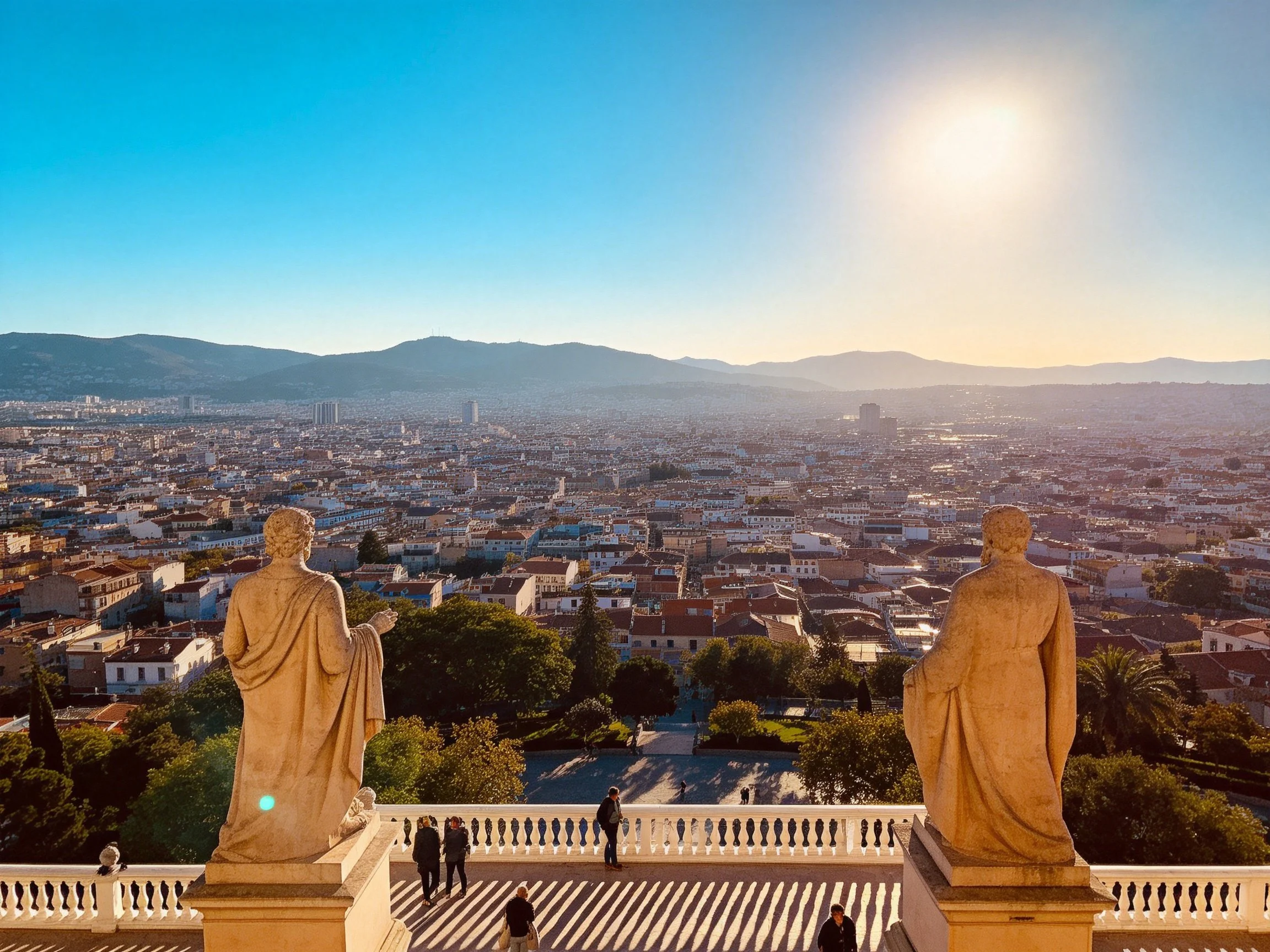 Two stone statues overlook a sprawling city with distant mountains