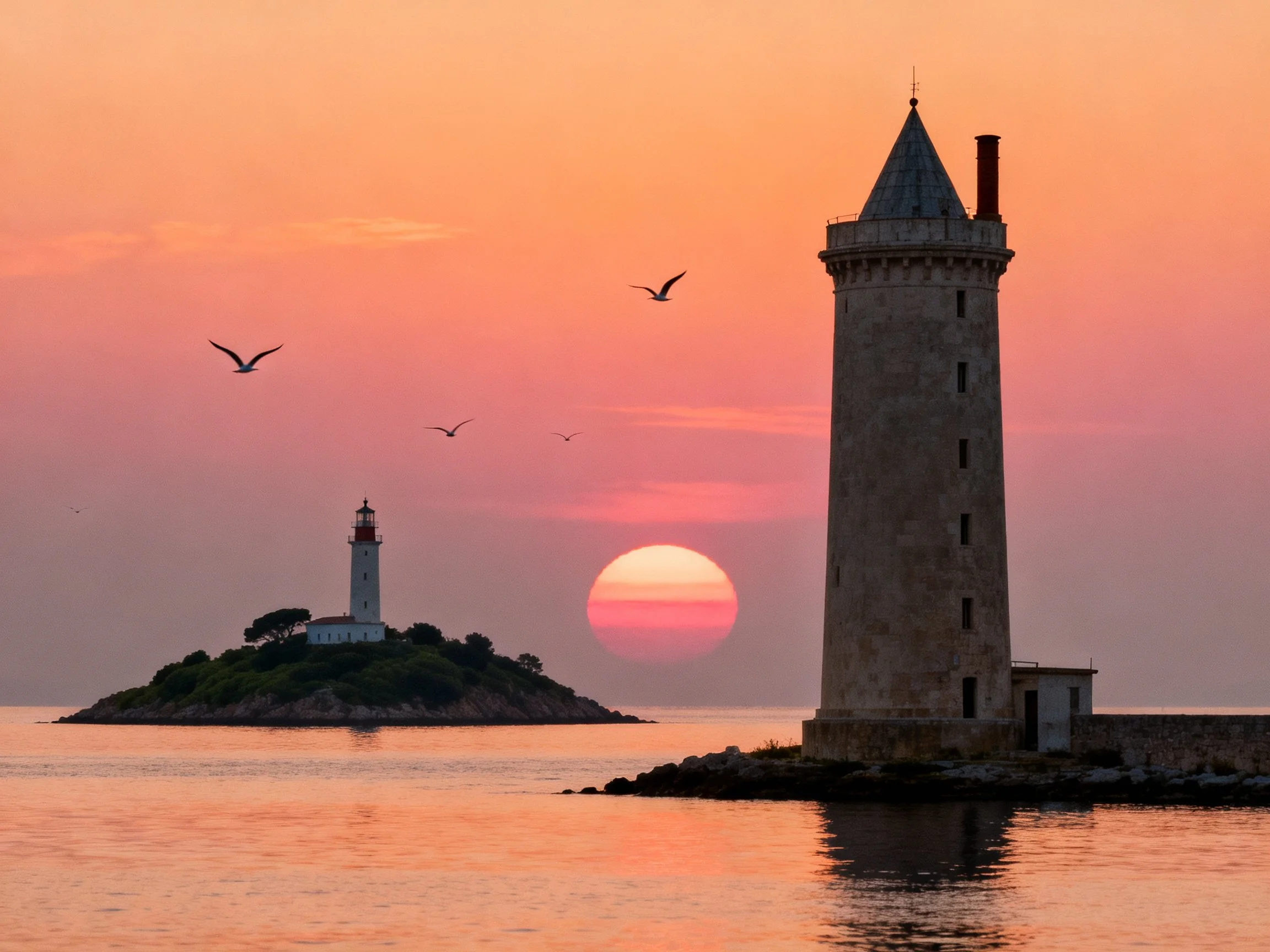 Two stone towers by calm waters at pink-orange sunset