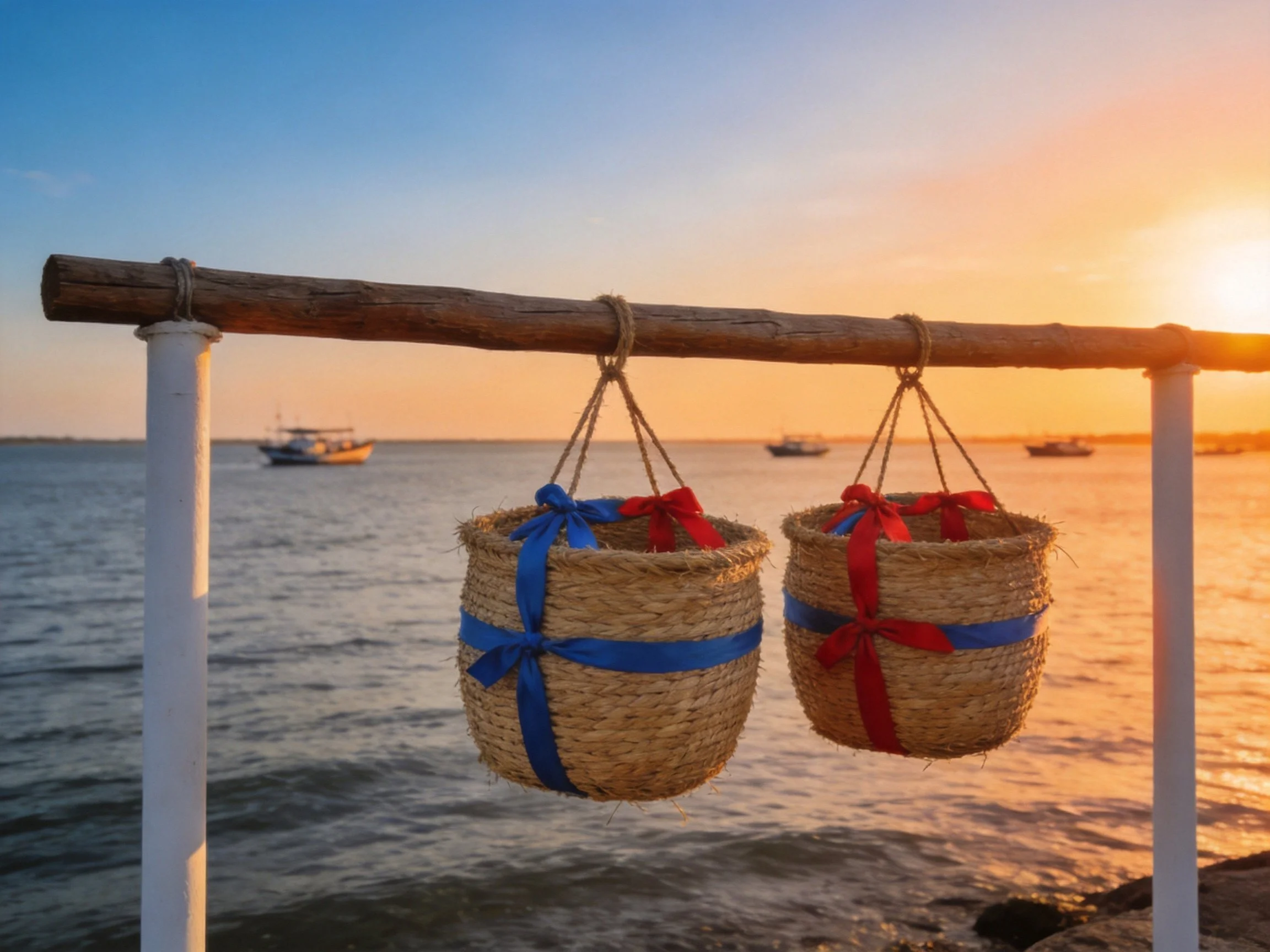 Two straw baskets with colored ribbons hang from a wooden beam by the sea at sunset.
