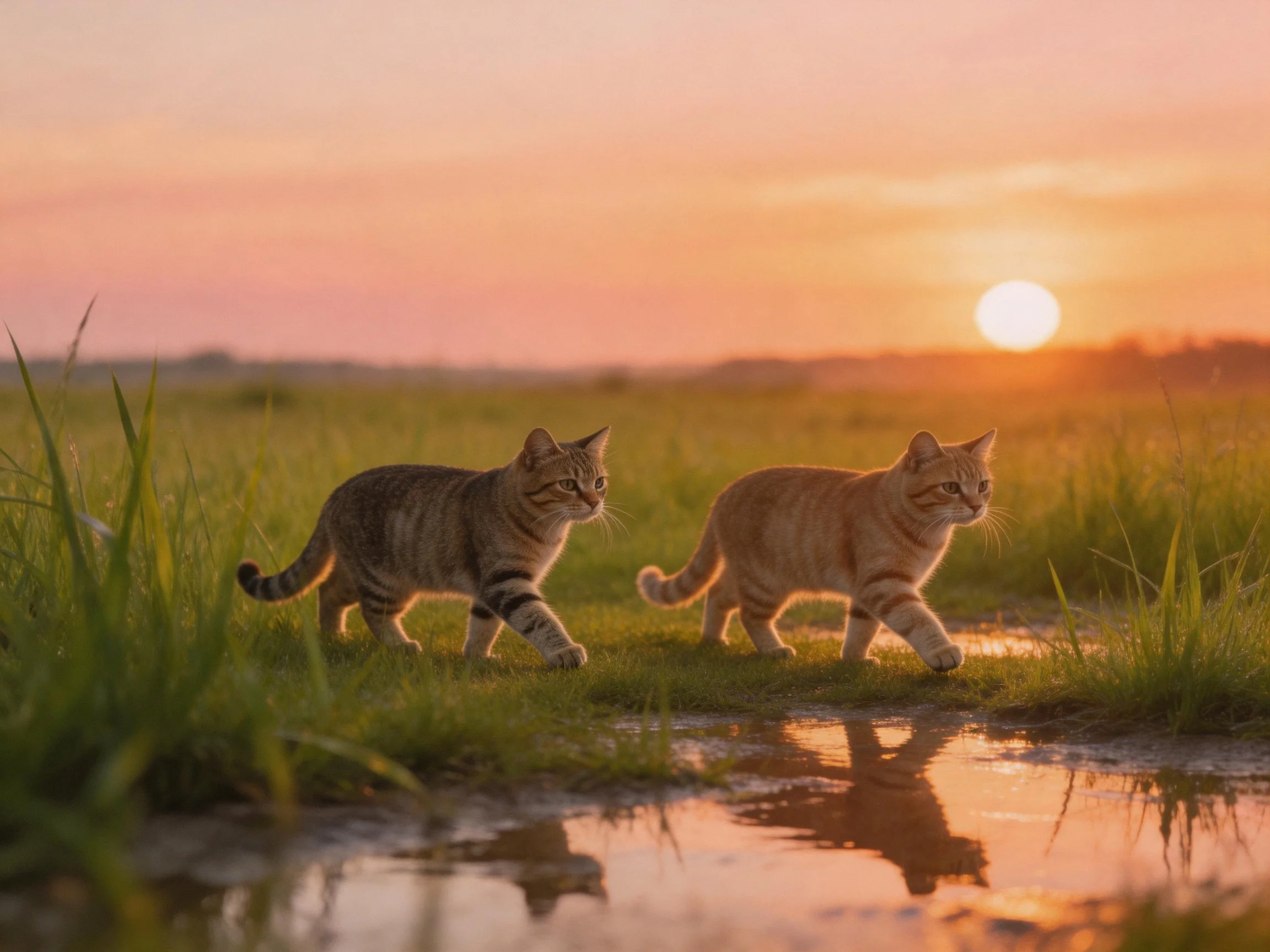 Two tabby cats walk through a golden meadow at sunset