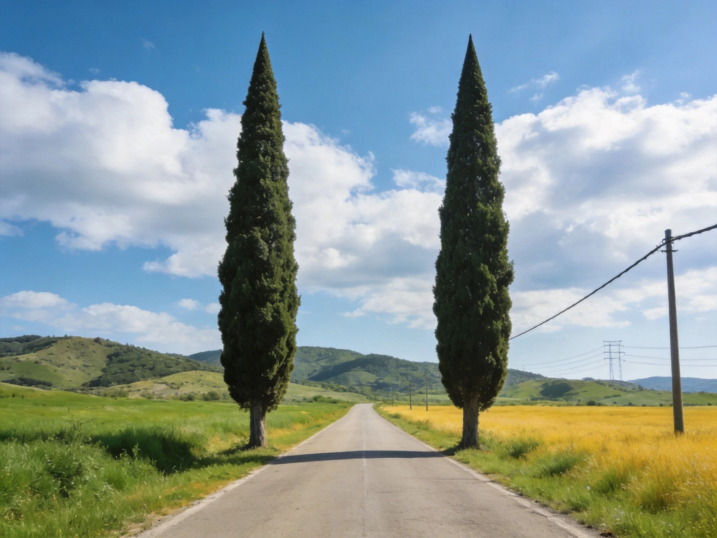 Two tall cypress trees flank a country road with green and golden fields