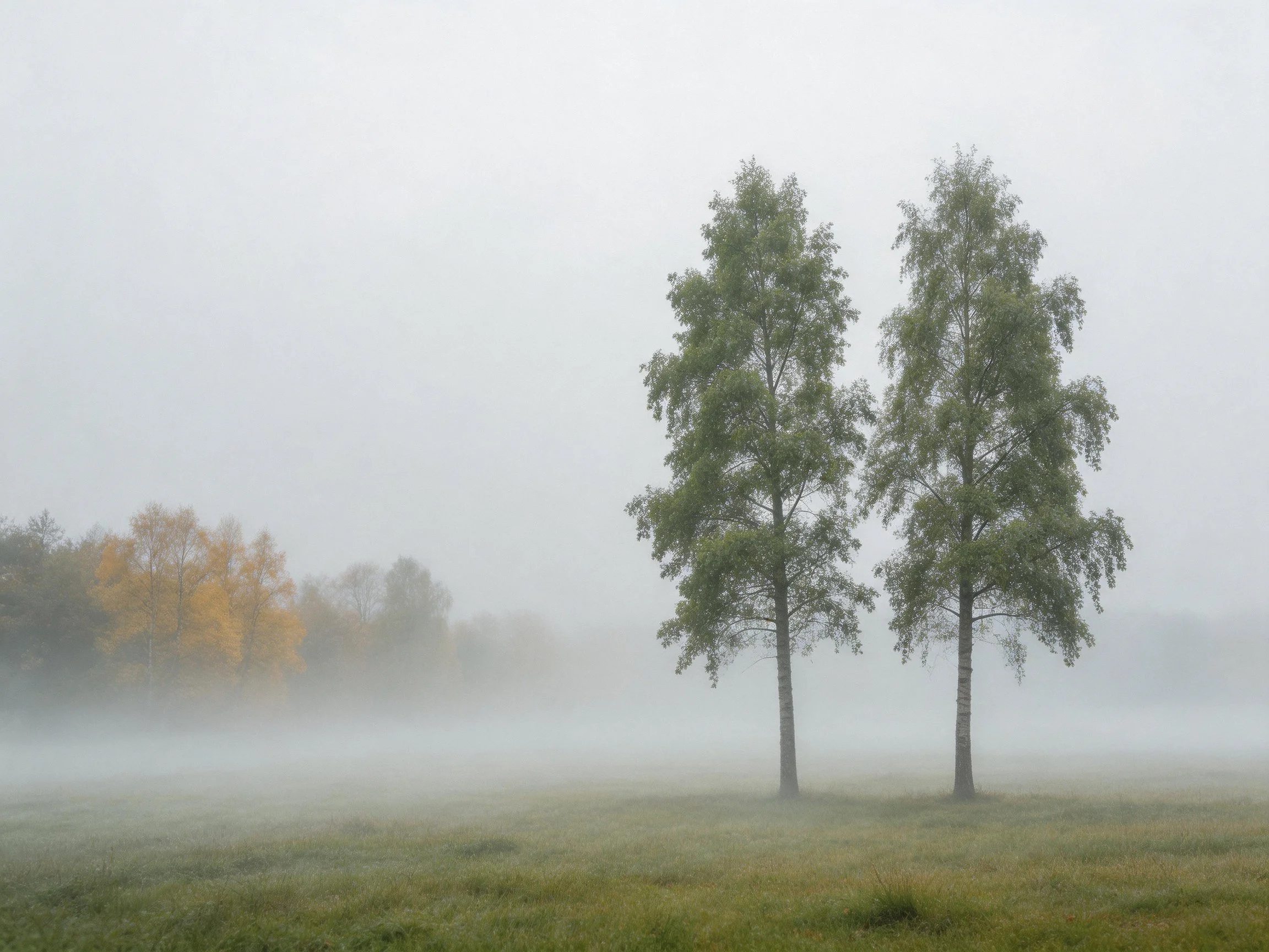 Two tall green trees stand in a fog-shrouded meadow