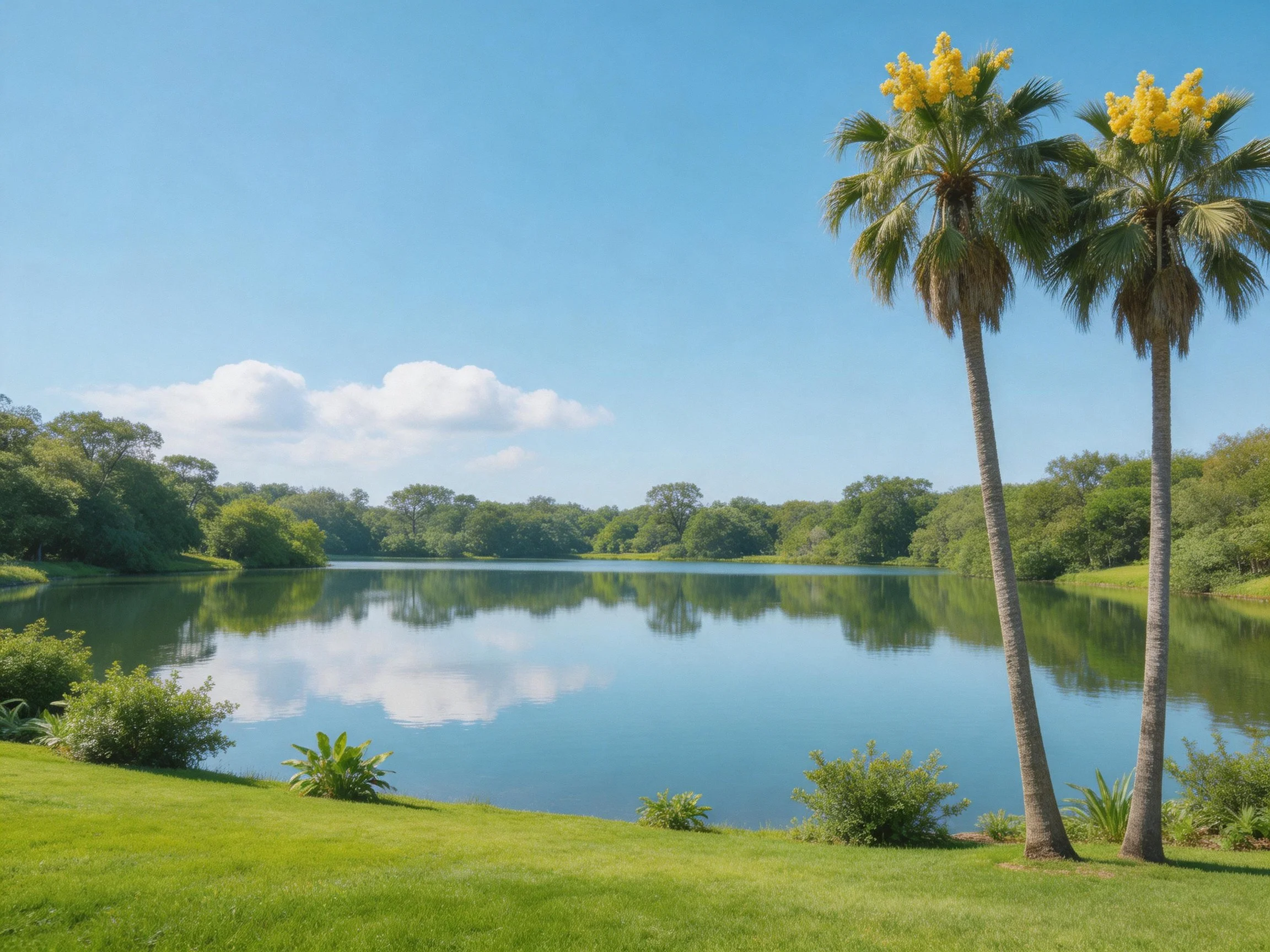 Two tall palm trees beside a calm blue lake with lush green landscape