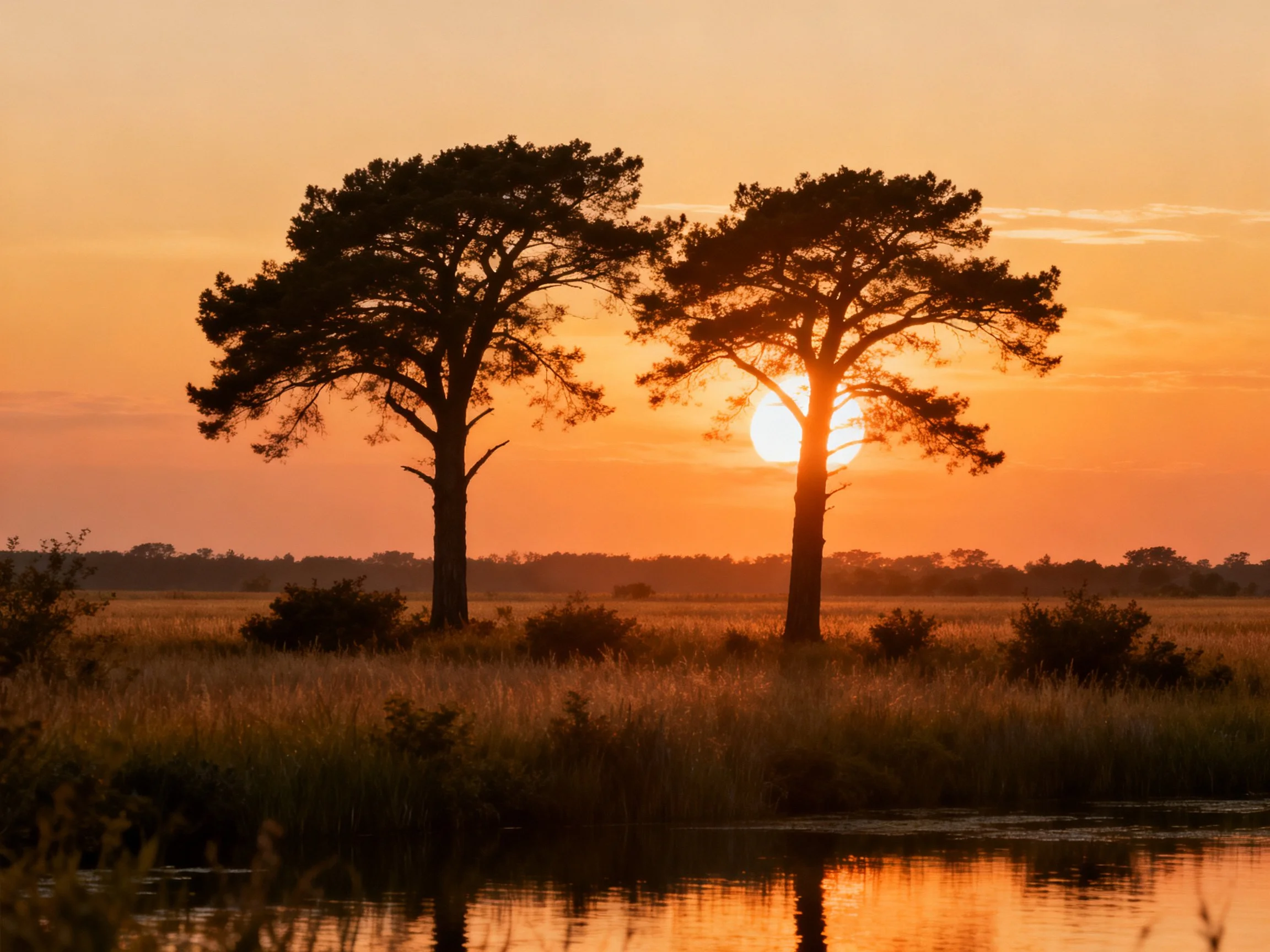 Two tall trees silhouetted against an orange sunset over a calm waterway