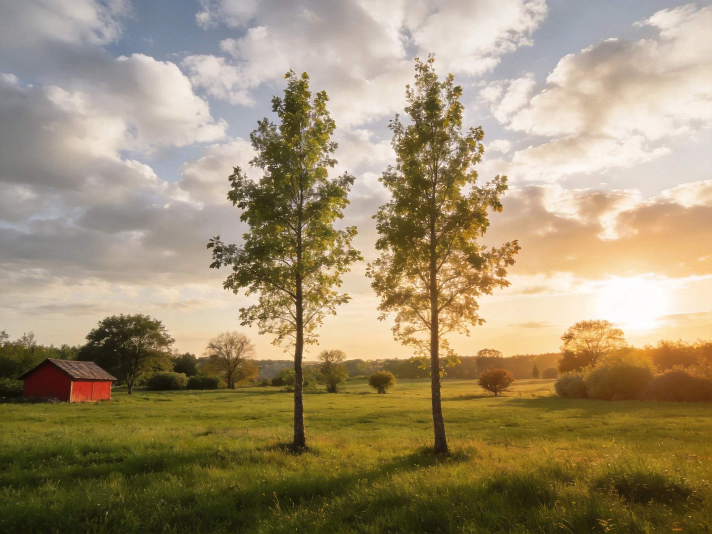 Two tall trees stand in a sun-drenched meadow with a red barn