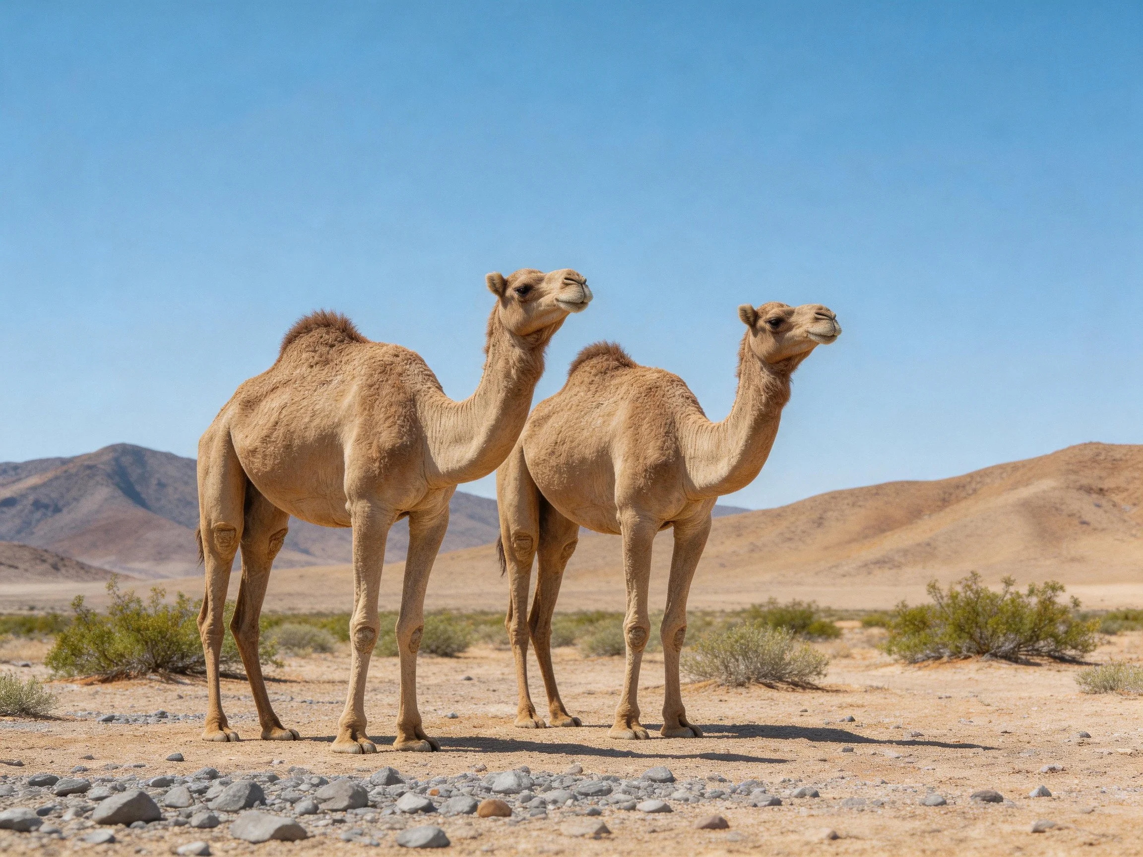Two tan camels stand together in an arid desert landscape