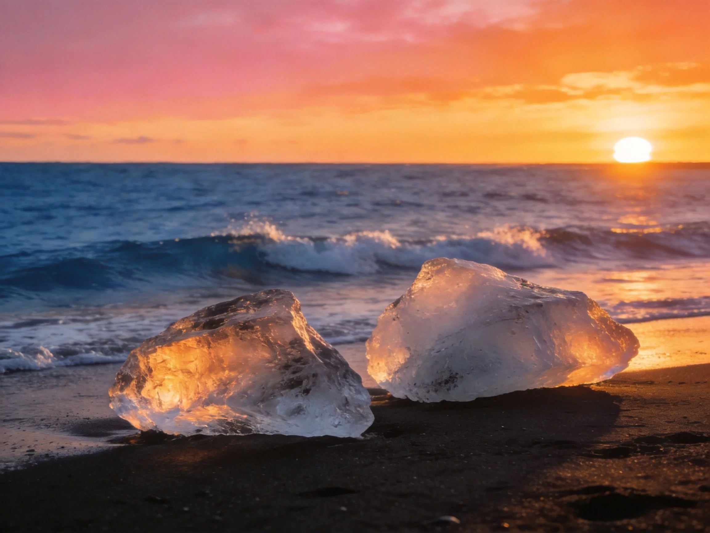Two translucent ice chunks rest on a dark sandy beach at sunset.