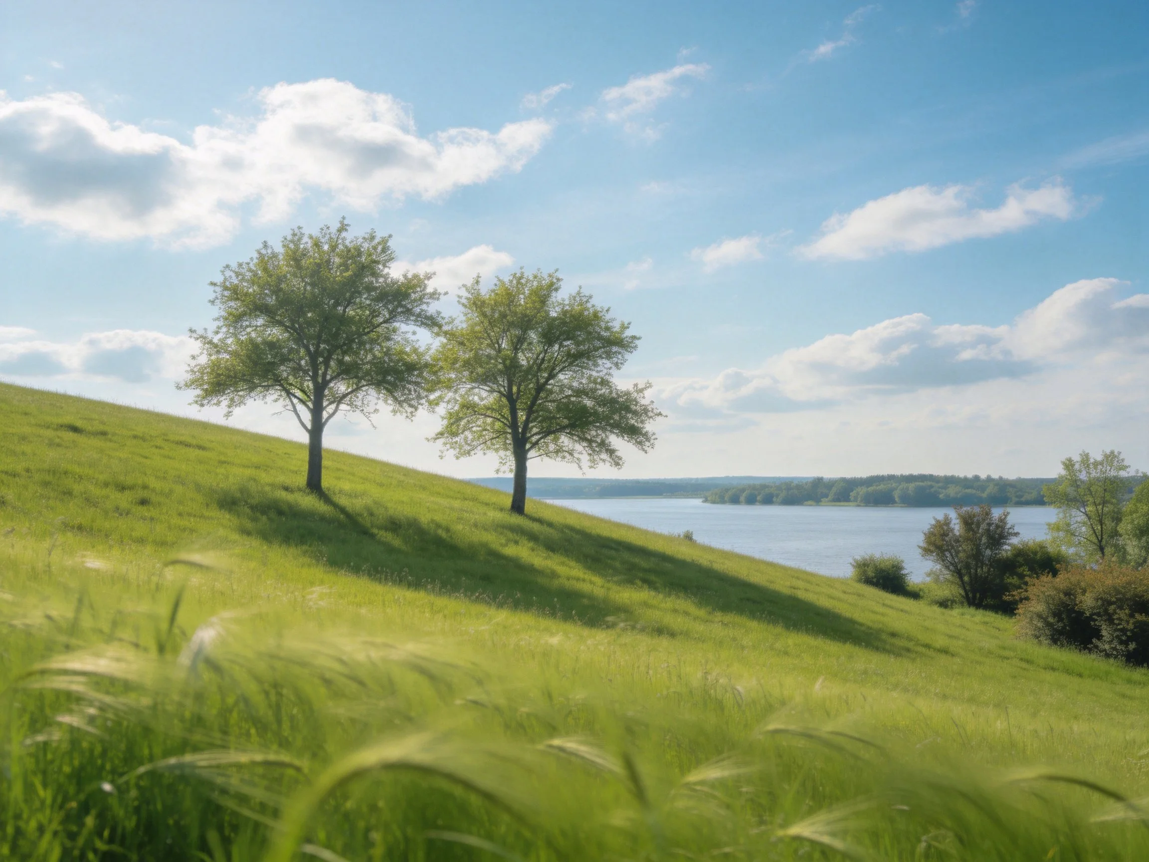 Two trees on a lush green hillside beside calm waters