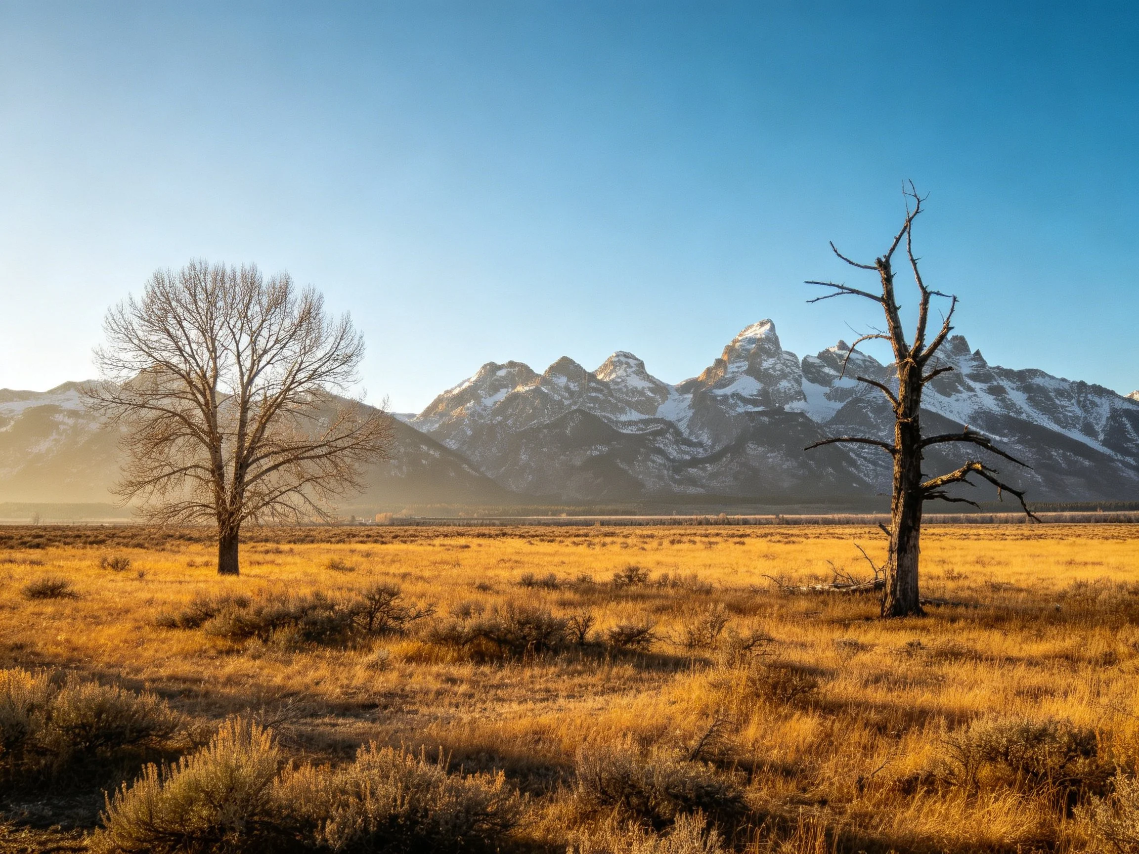 Two trees stand amid golden plains with towering snow-capped mountains.