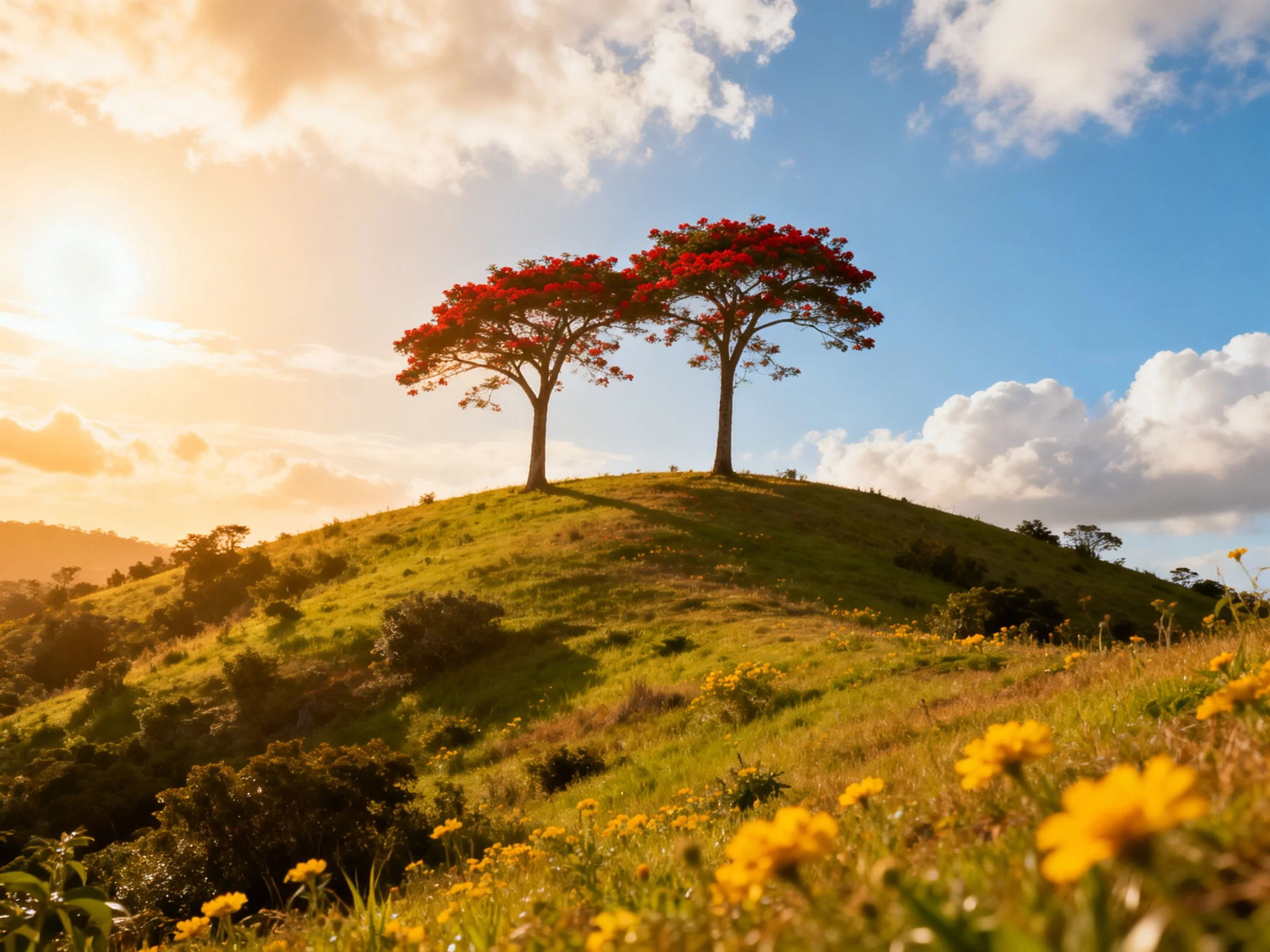 Two vibrant red-flowered trees atop a sunlit green hillside