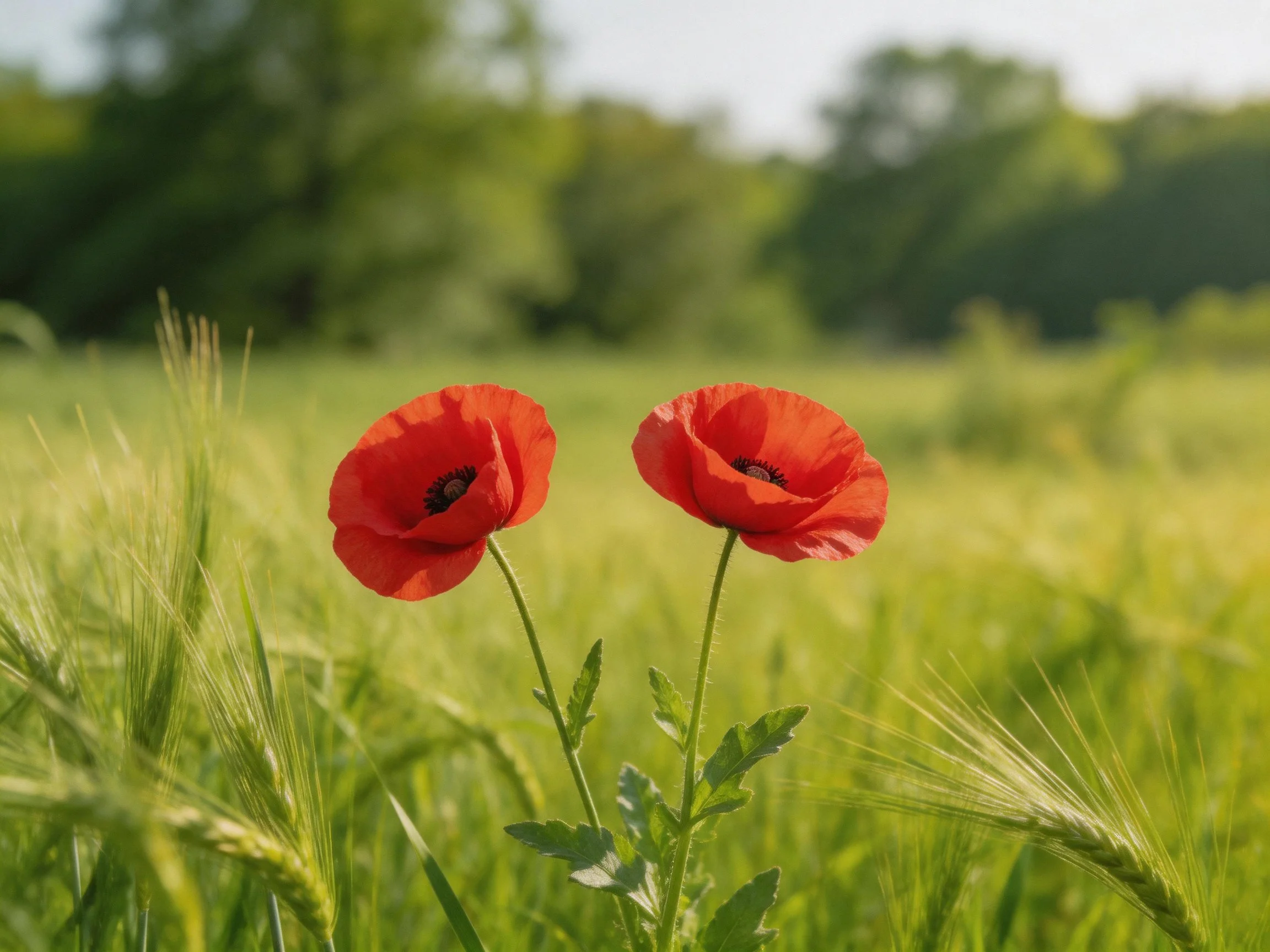 Two vibrant red poppies stand among tall green grasses