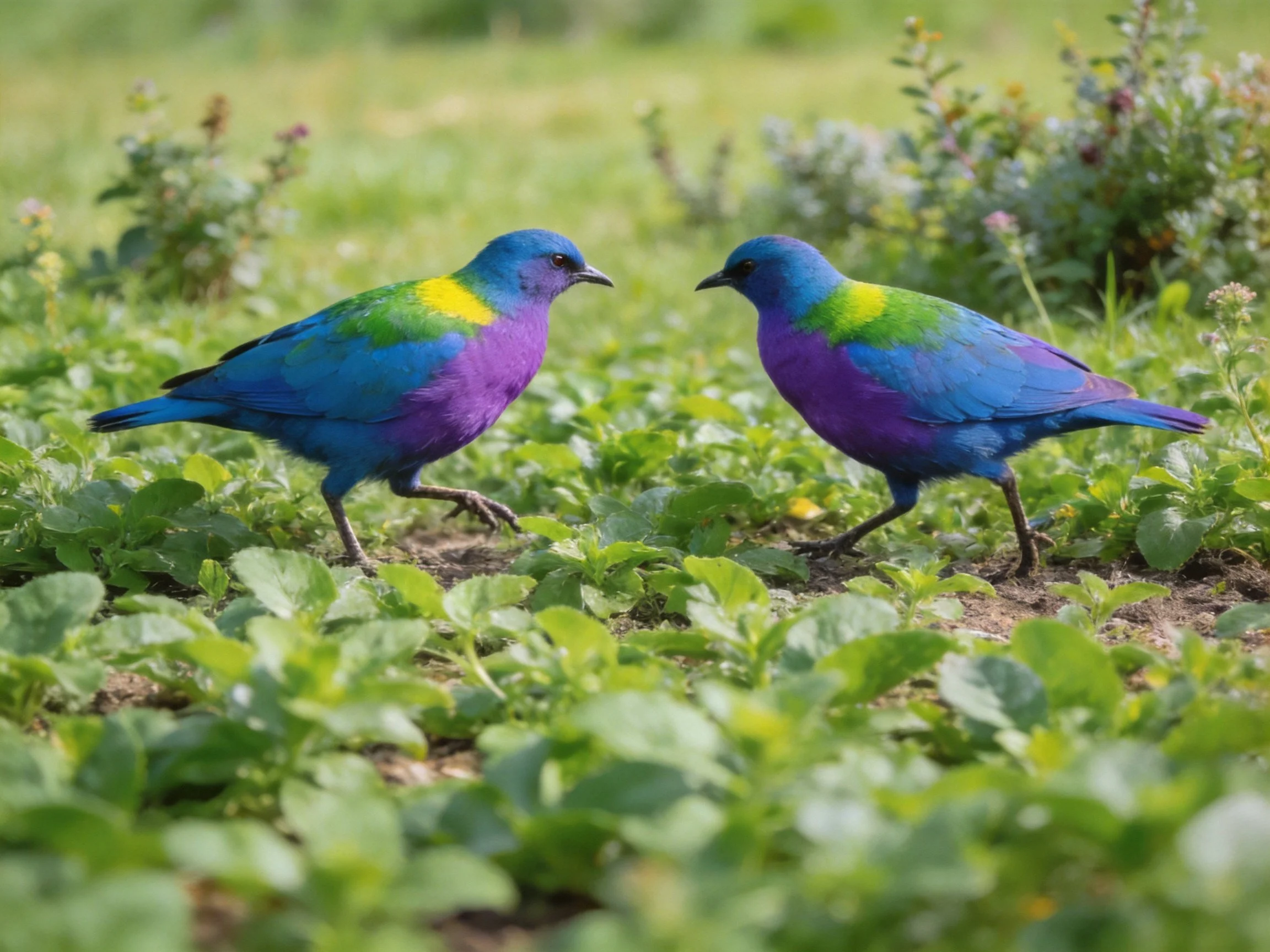 Two vibrantly colored birds interact in a lush green field