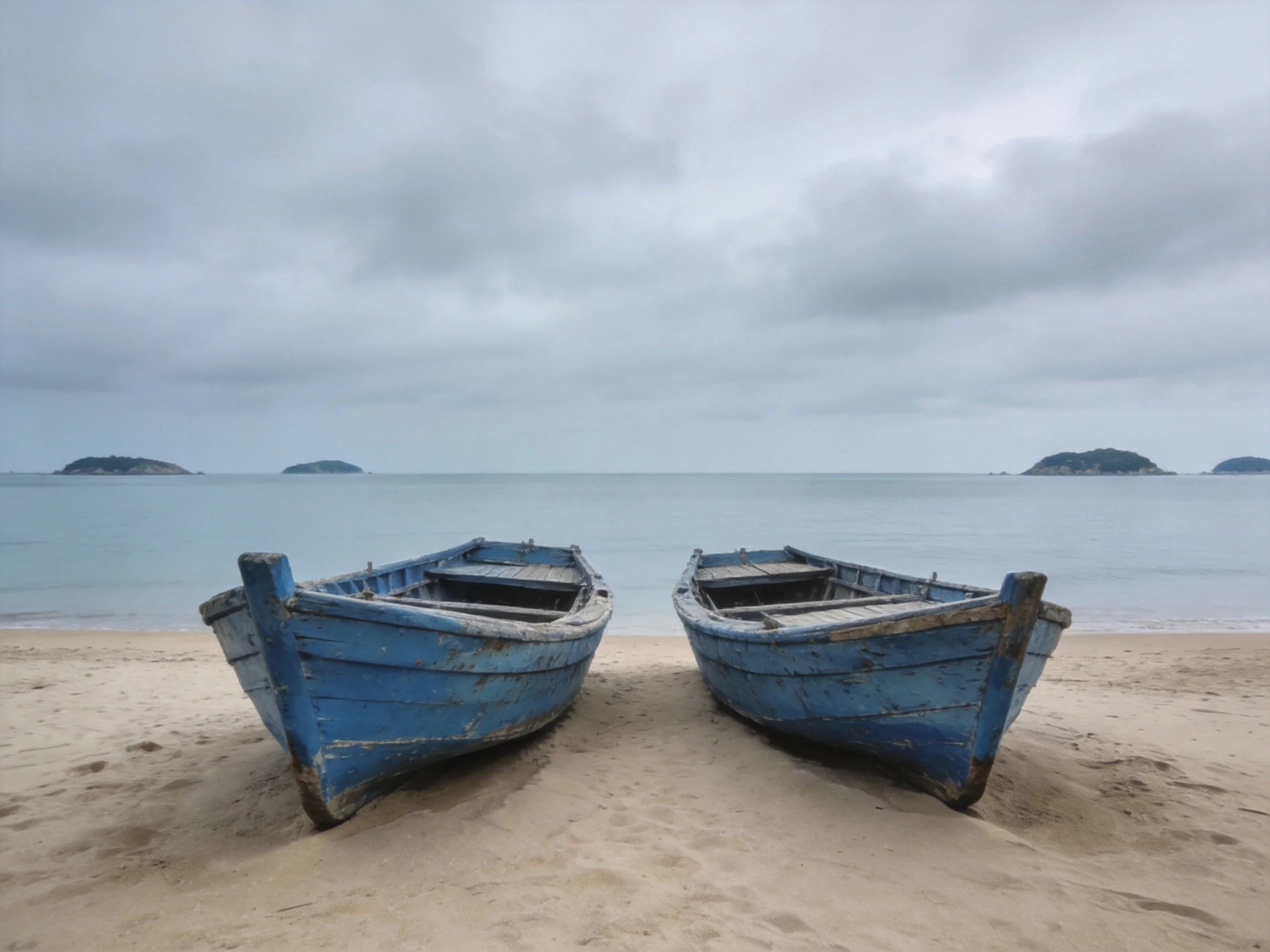 Two weathered blue boats sit on a sandy beach beside calm waters