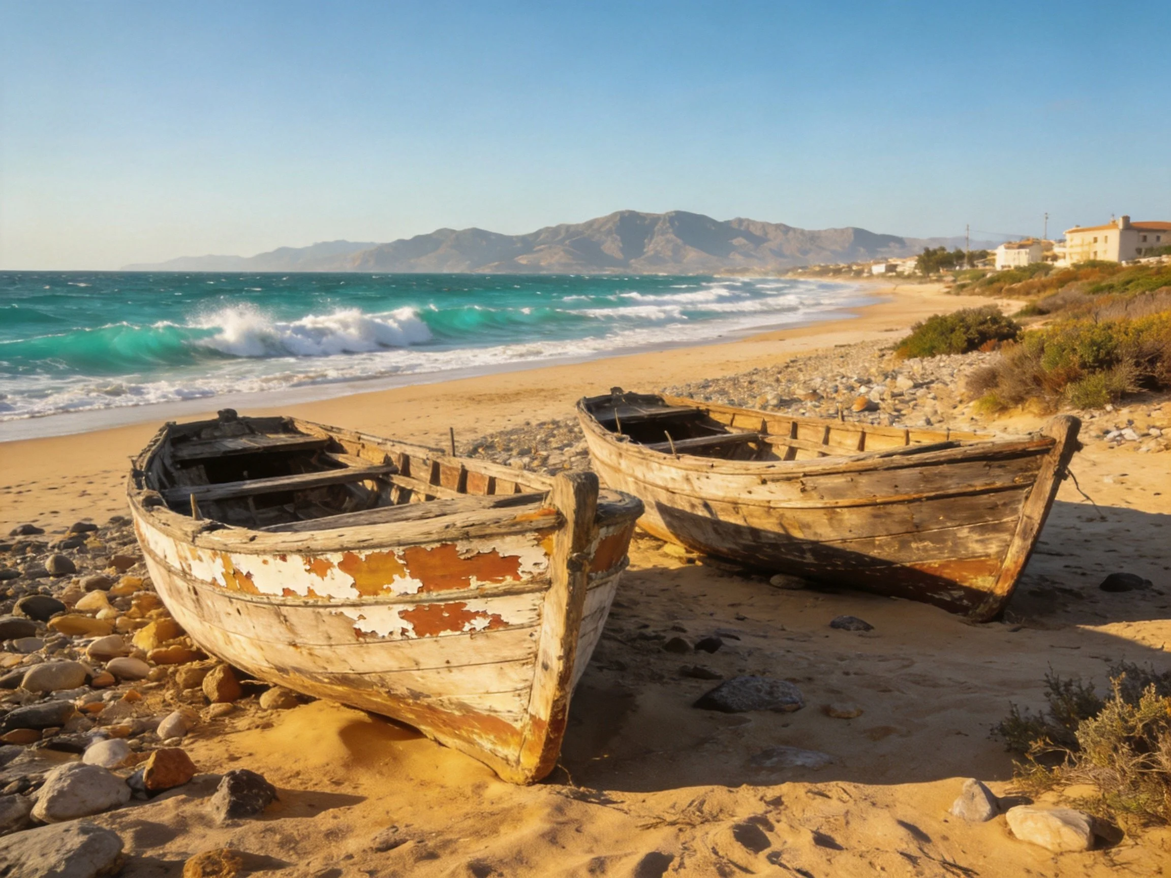 Two weathered wooden boats rest on a sandy beach by turquoisewaves