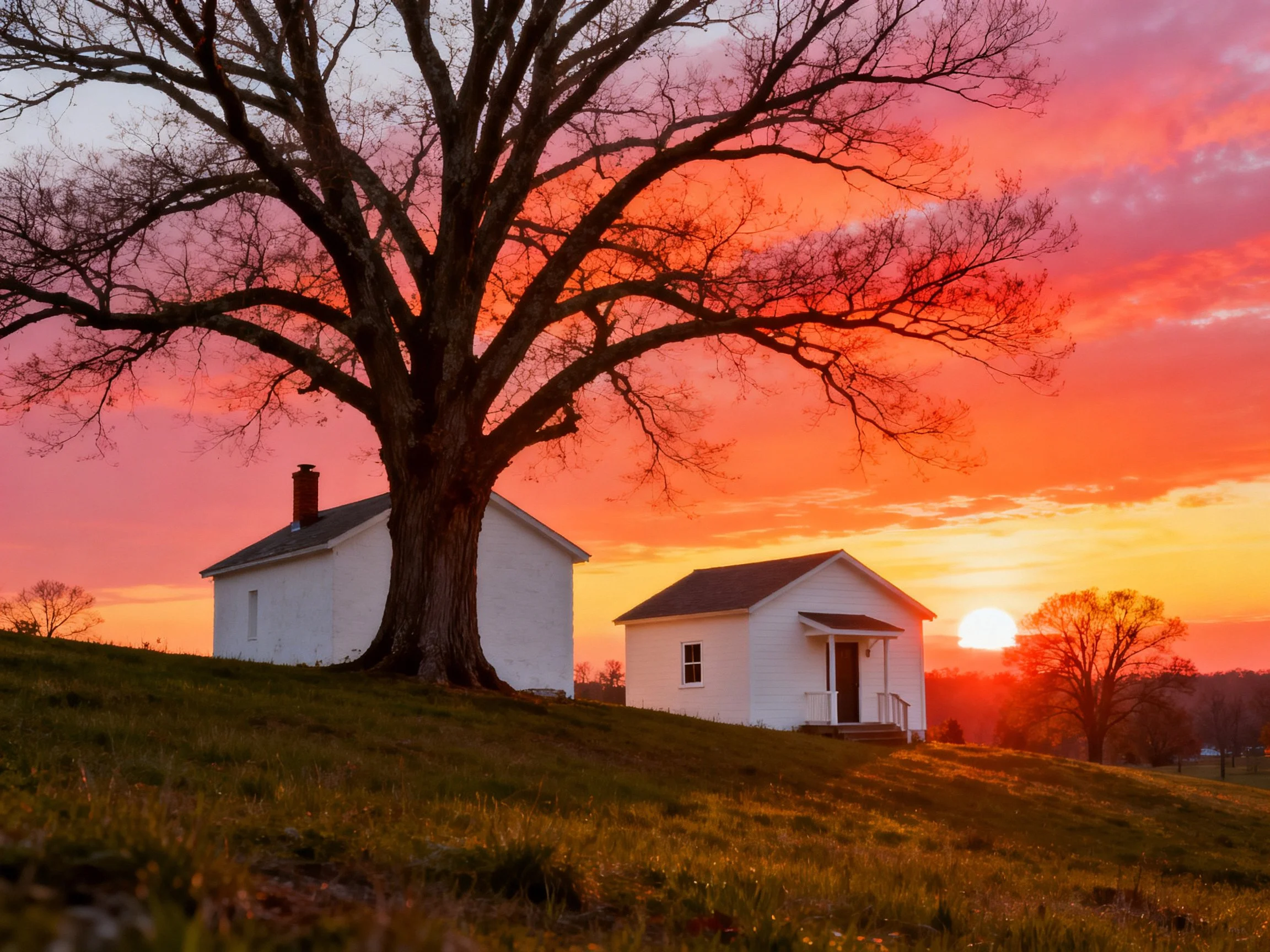 Two white cottages beside a giant oak tree under a vibrant sunset sky