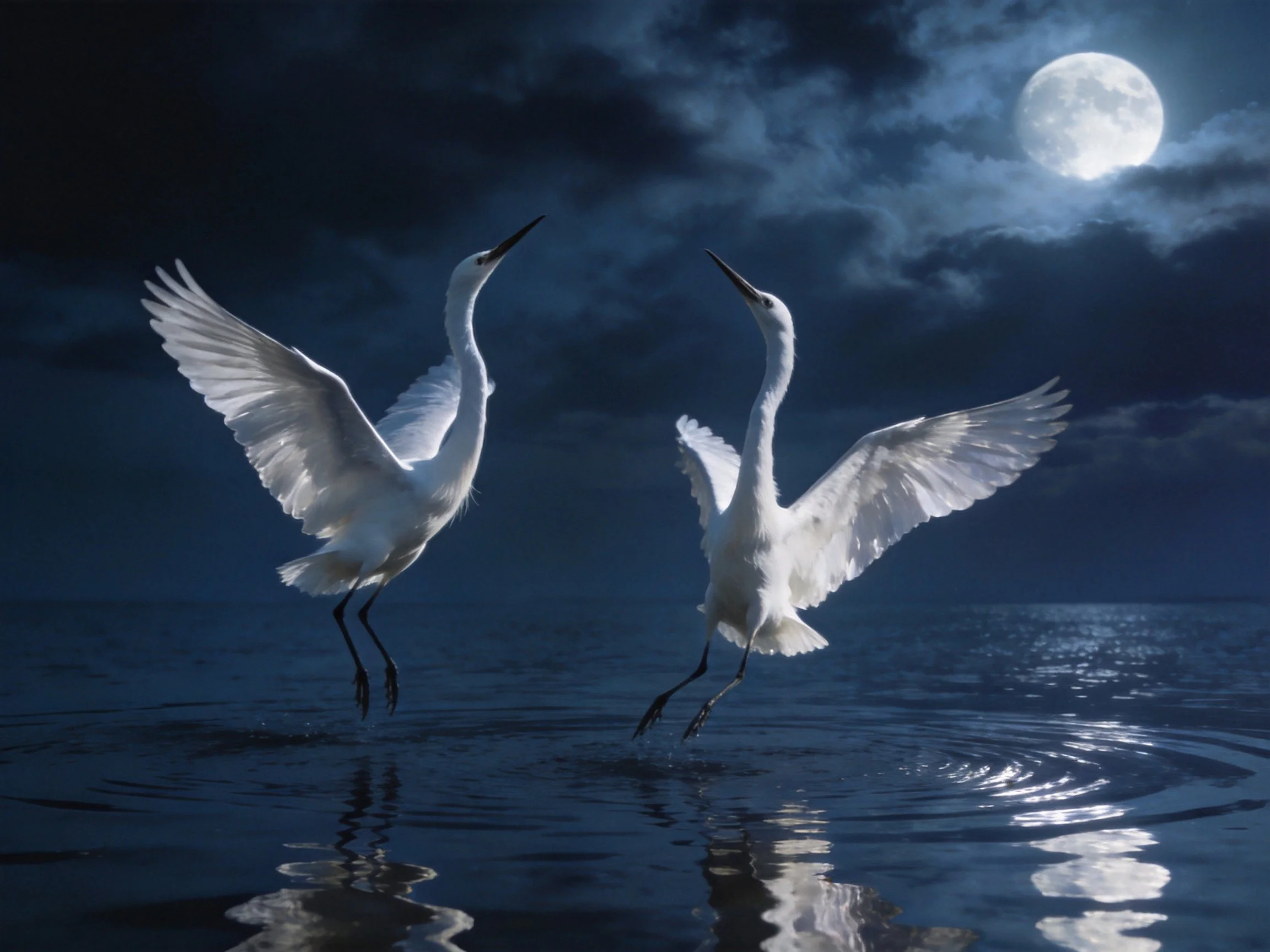 Two white egrets leap over calm water beneath a bright moon
