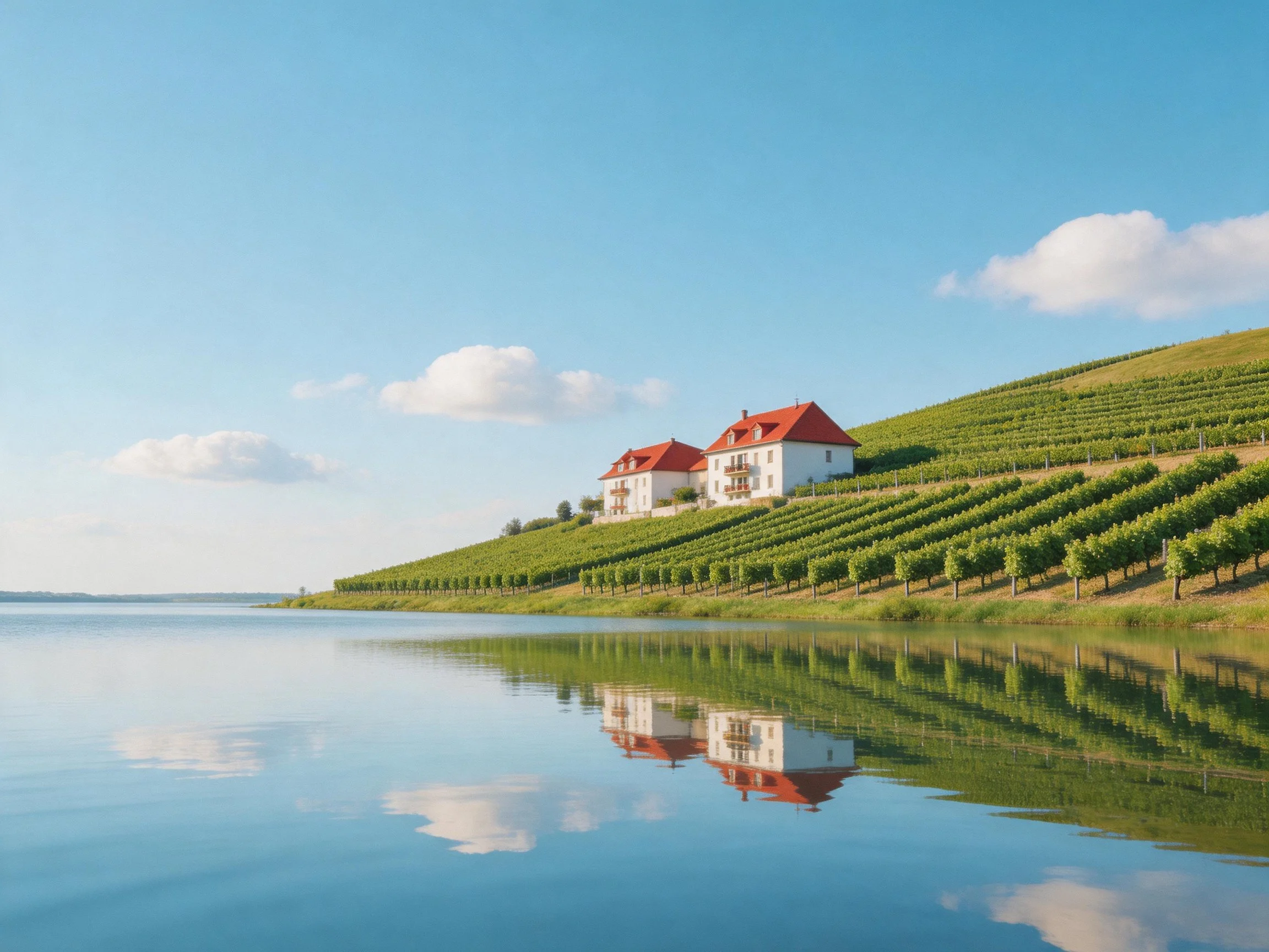 Two white houses with red roofs overlook vineyard rows near calm water.