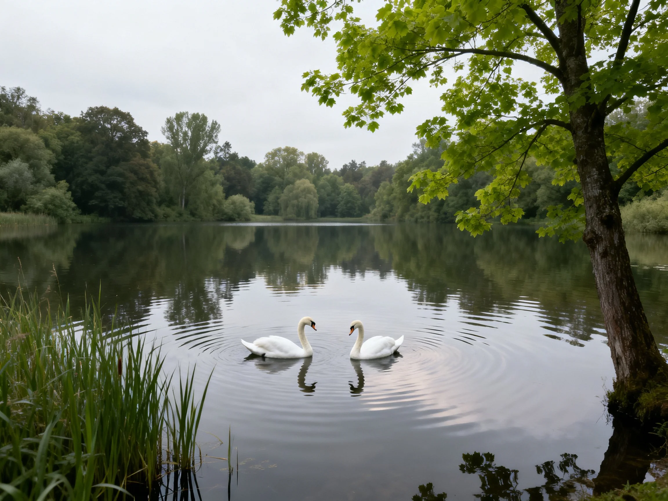 Two white swans glide across a serene lake with lush green surroundings