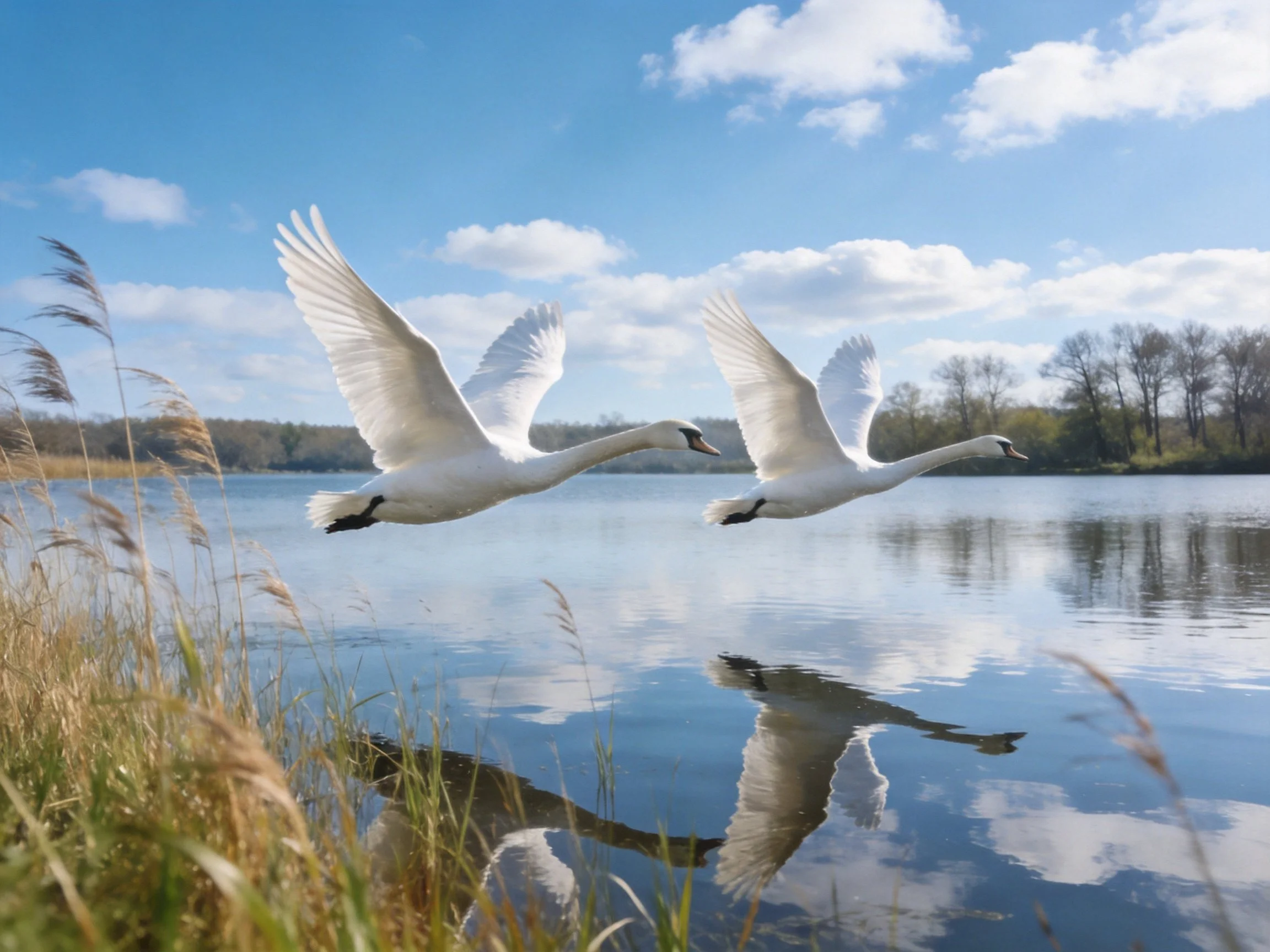 Two white swans soar over calm blue waters near golden reeds