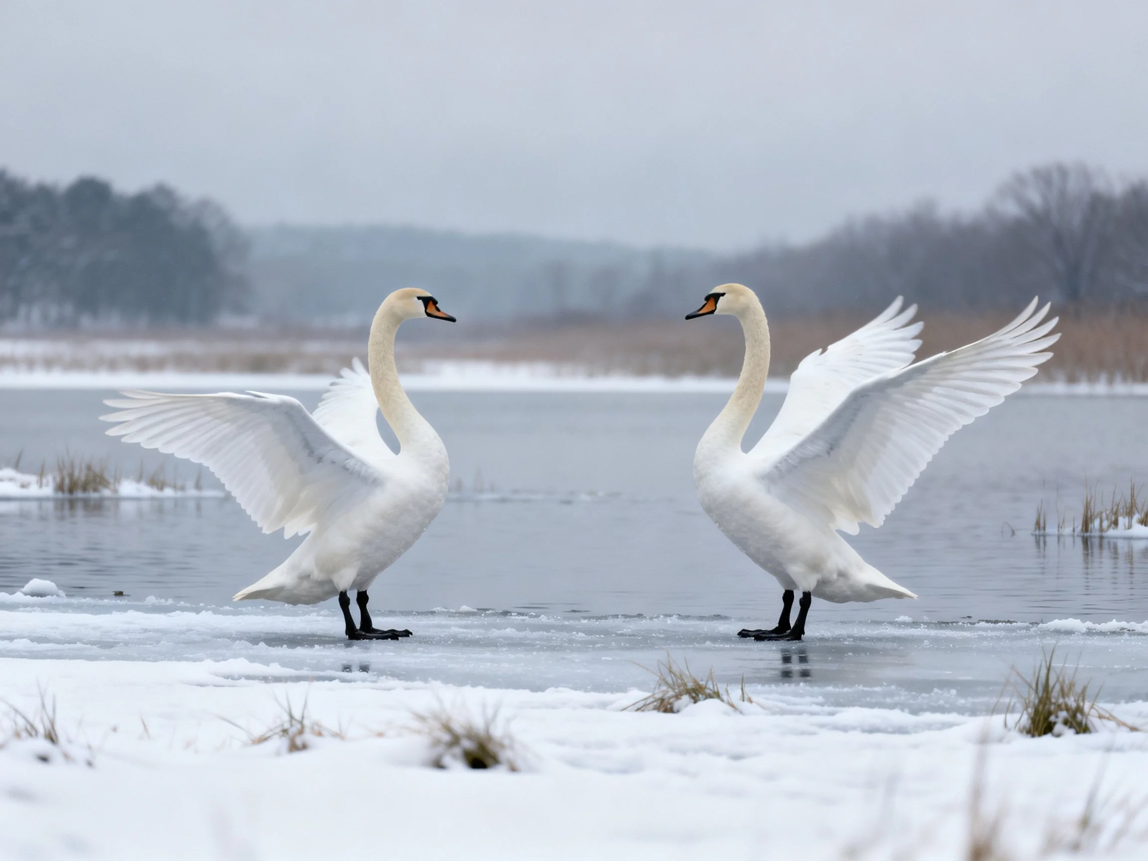 Two white swans spread wings on icy, snow-covered water