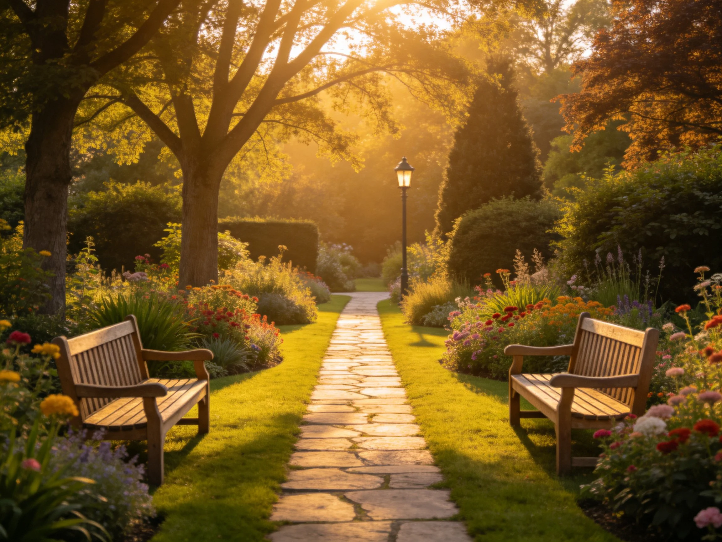 Two wooden benches flank a stone path in a sun-drenched garden