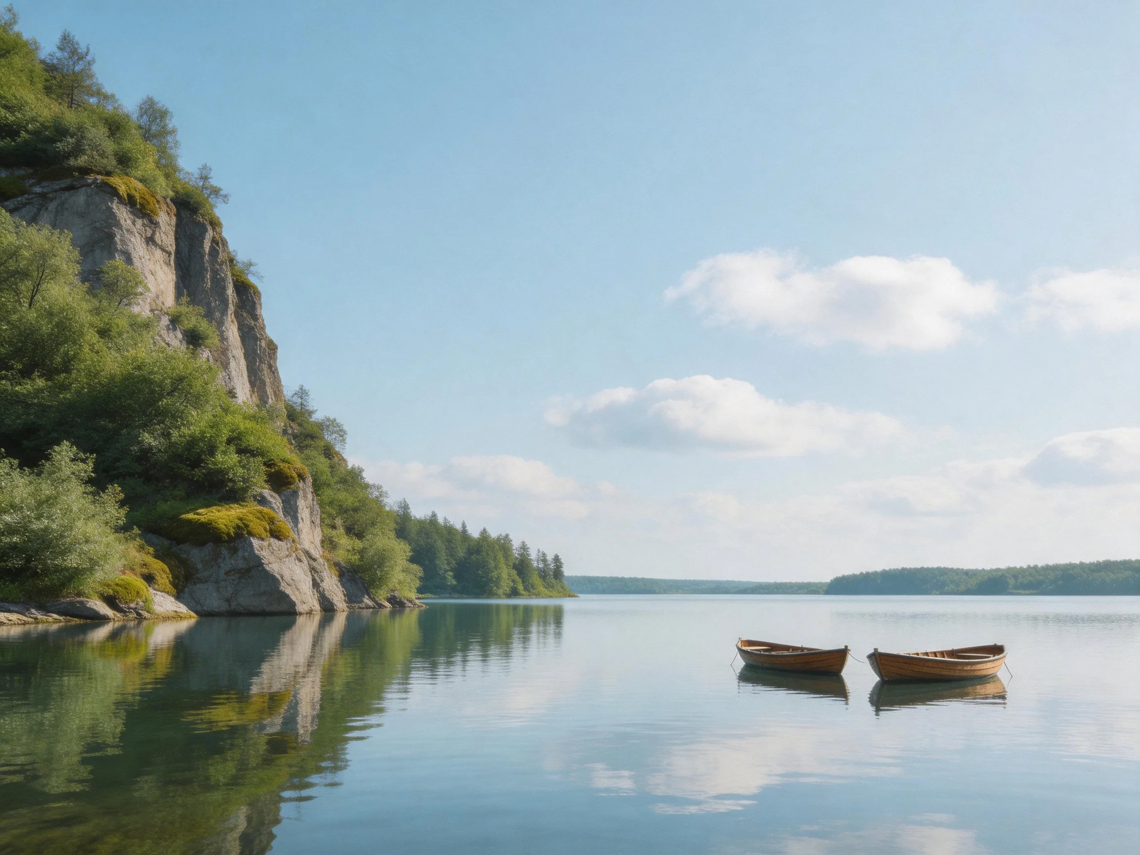 Two wooden boats float on a calm lake near rocky green cliffs