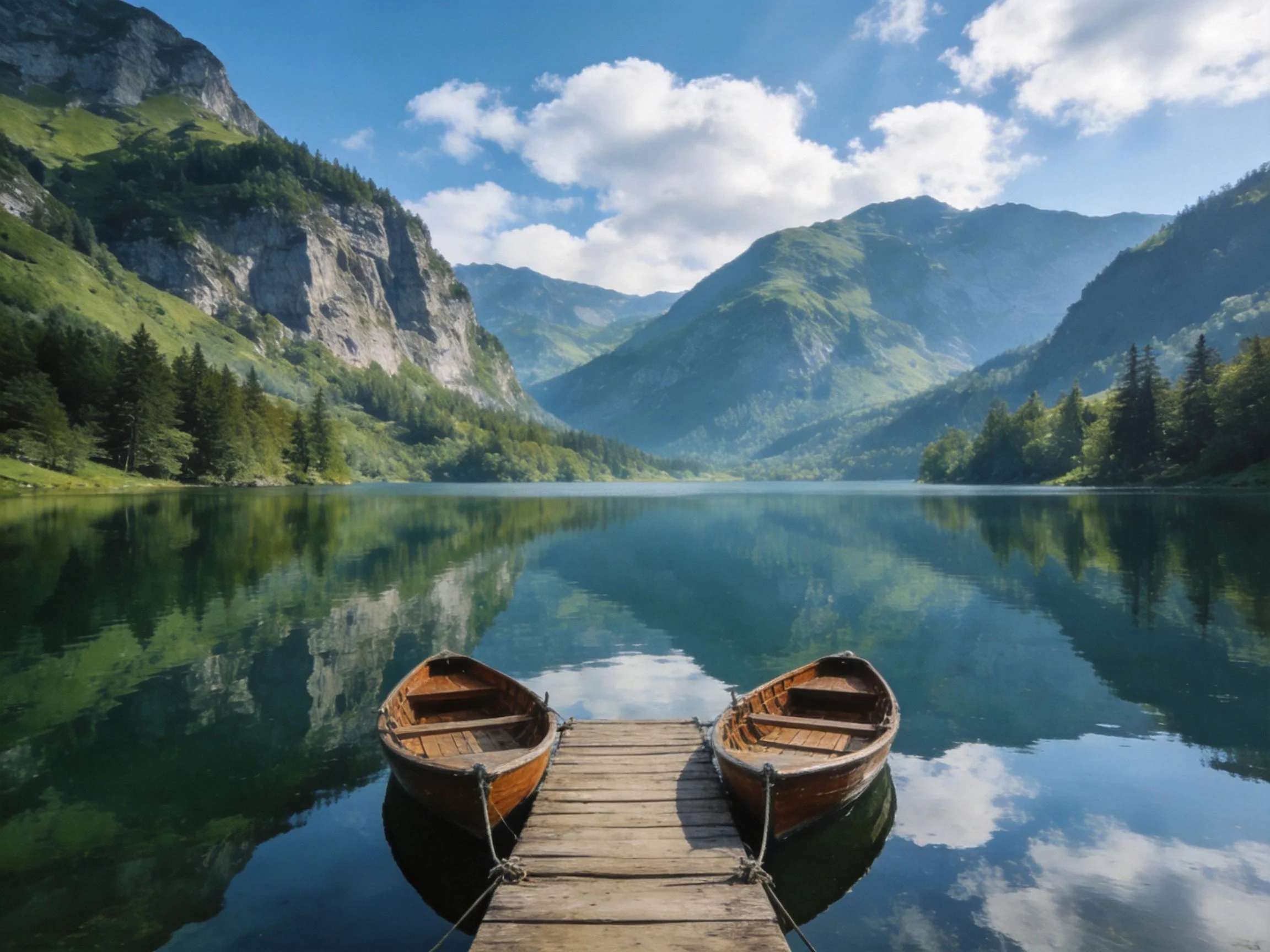 Two wooden boats rest at a weathered dock beside a serene mountain lake